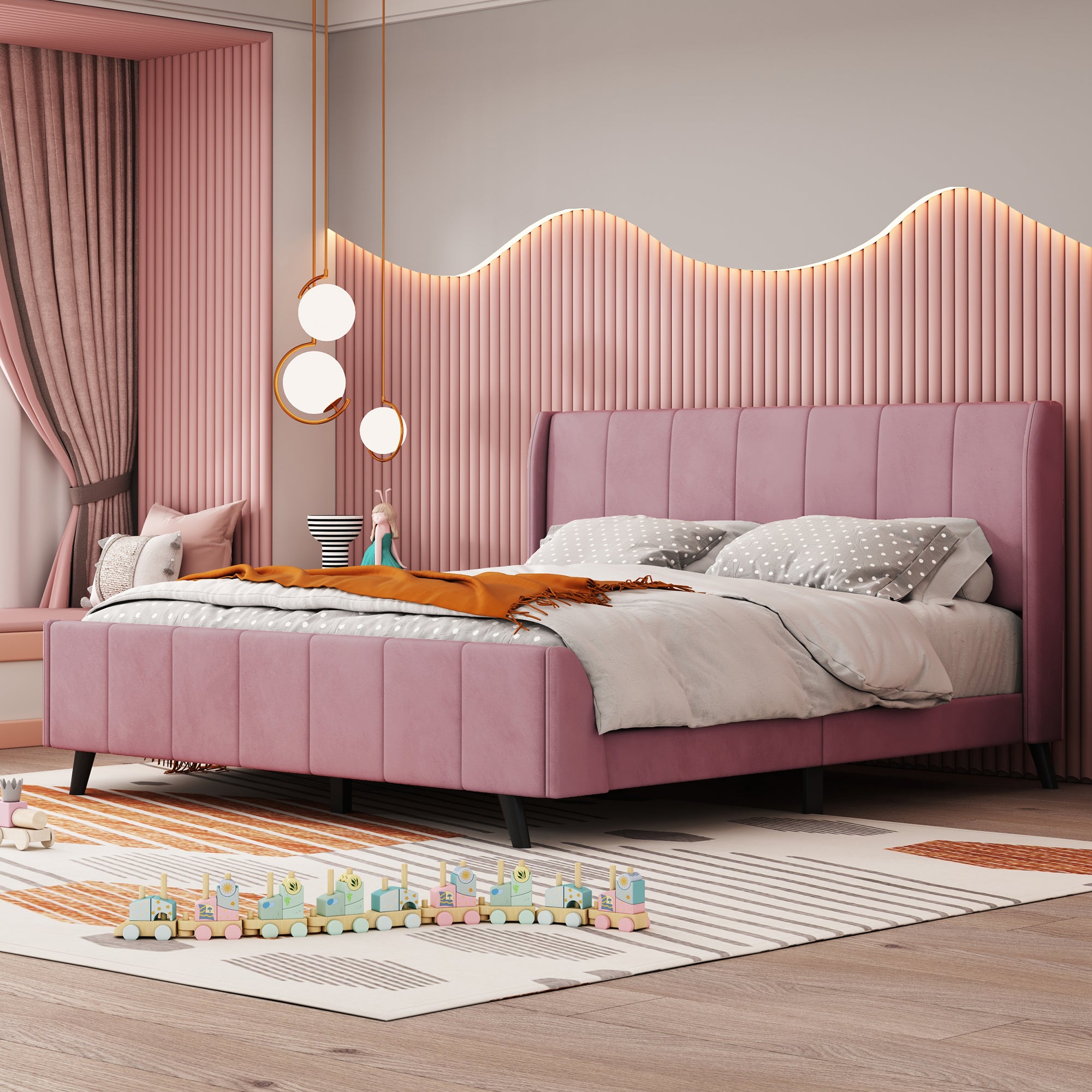 Queen Size Upholstered Platform Bed, Velvet, Pink - Atlantic Fine Furniture Melbourne FL