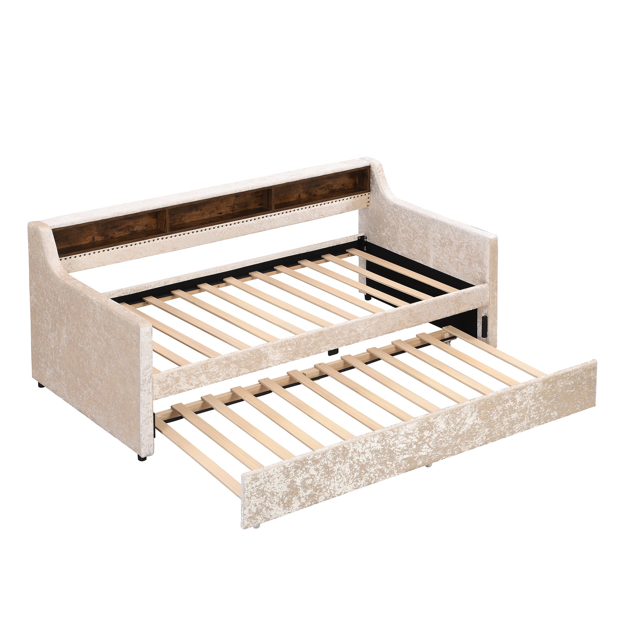 Twin Size Snowflake Velvet Daybed with Trundle and Built-in Storage Shelves,Beige - Atlantic Fine Furniture Melbourne FL