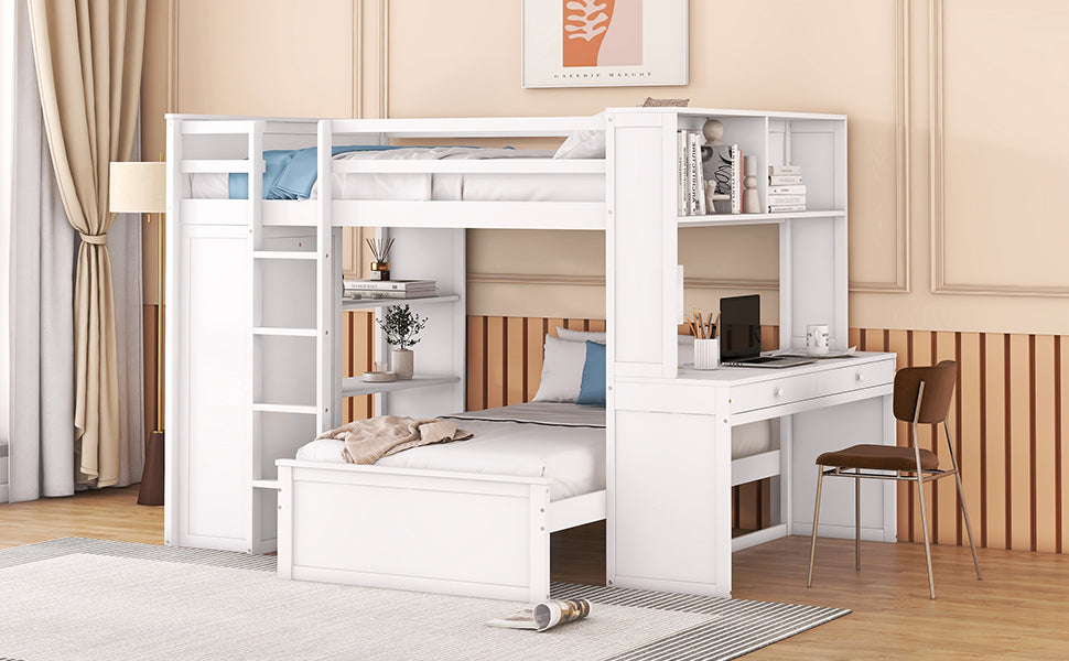 Full size Loft Bed with a twin size Stand-alone bed, Shelves,Desk,and Wardrobe-White