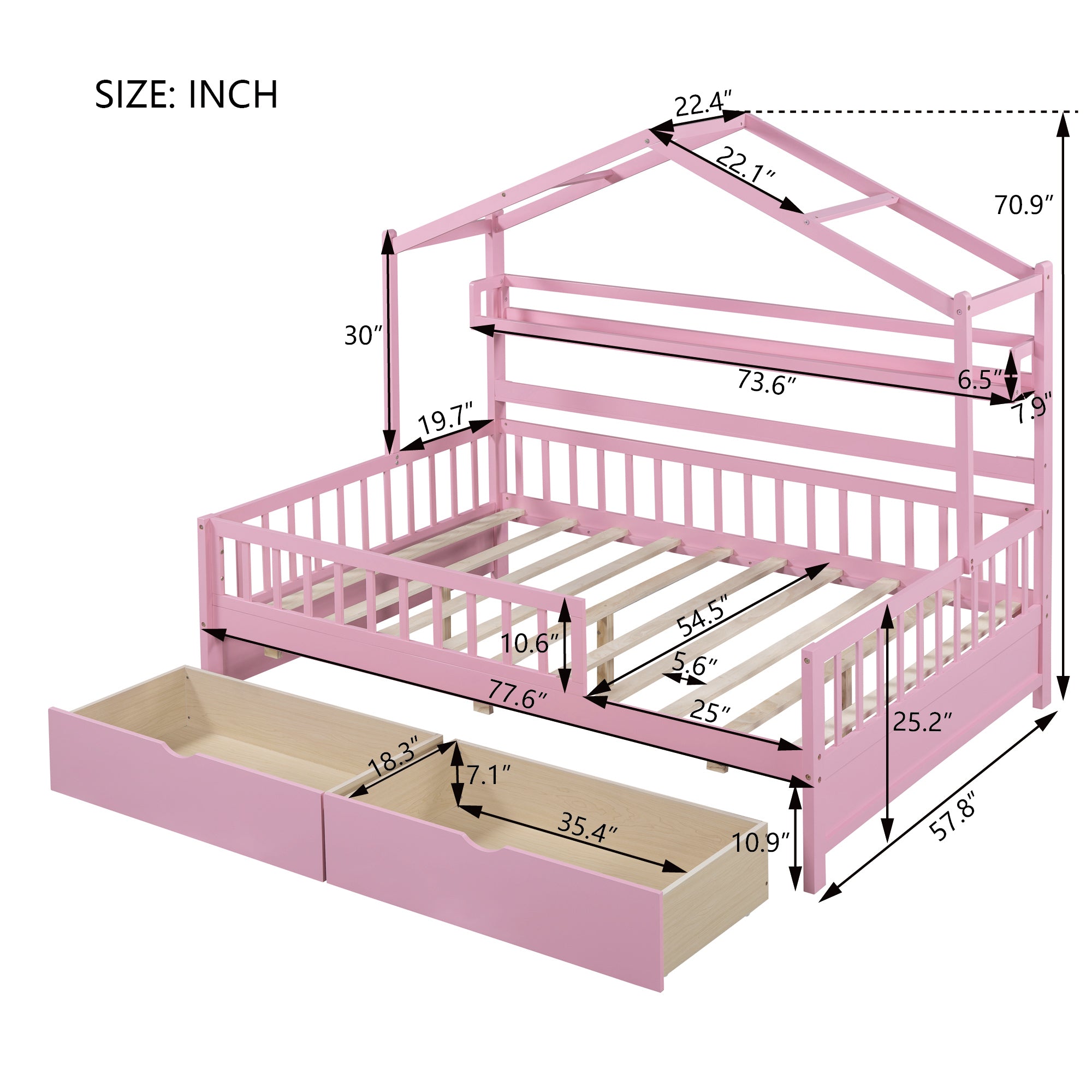 Wooden Full Size House Bed with 2 Drawers,Kids Bed with Storage Shelf, Pink - Atlantic Fine Furniture Melbourne FL