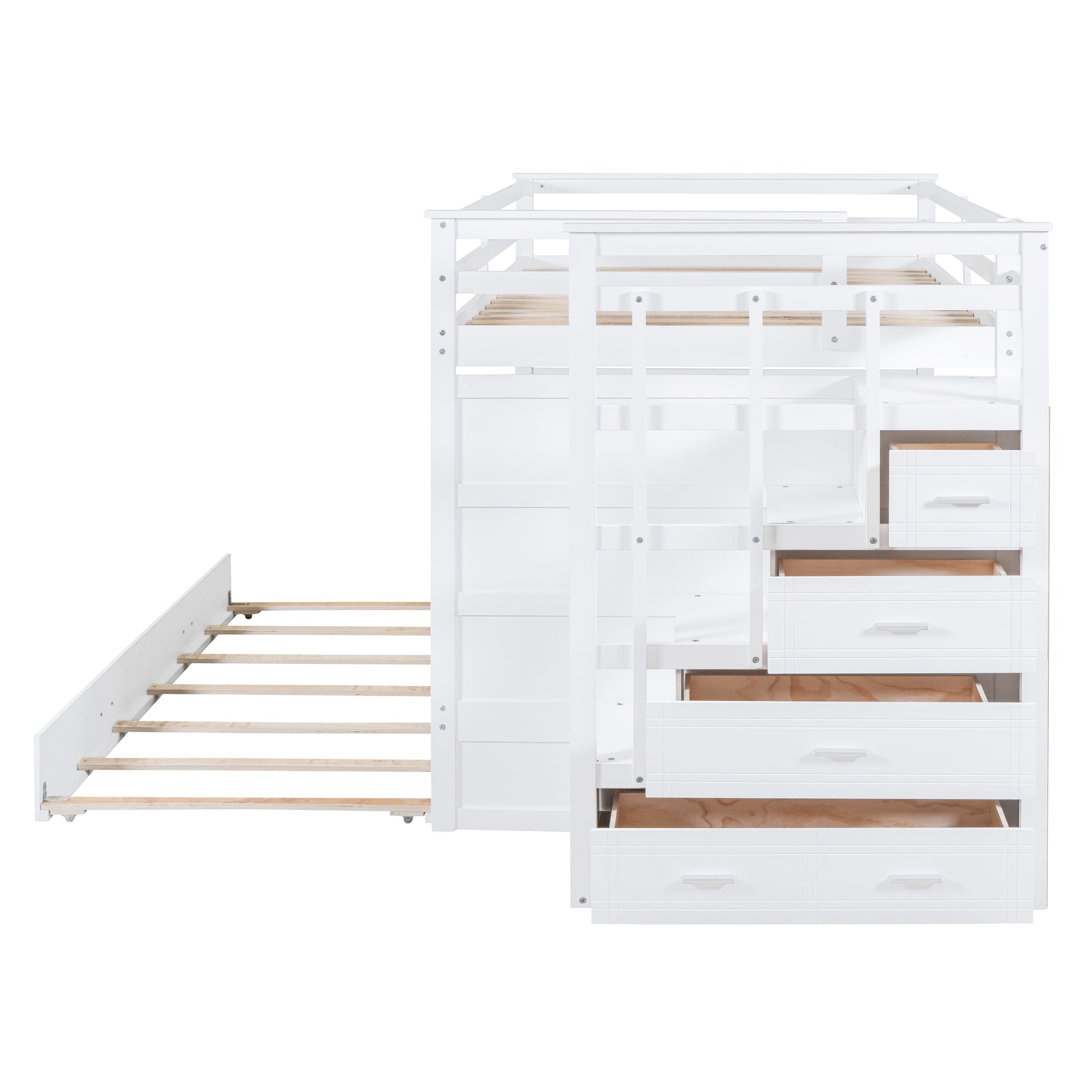 Full Over Full Bunk Bed with Twin Size Trundle and Staircase, White - Atlantic Fine Furniture Melbourne FL