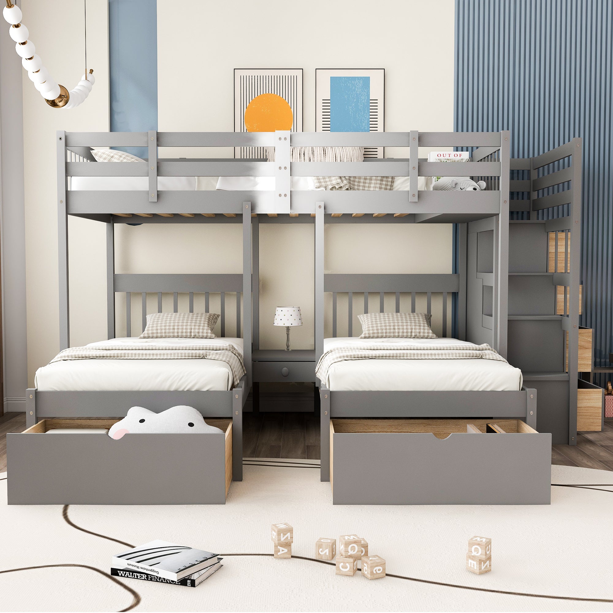 Full Over Twin & Twin Bunk Bed, Wood Triple Bunk Bed with Drawers and Guardrails (Gray) - Atlantic Fine Furniture Melbourne FL