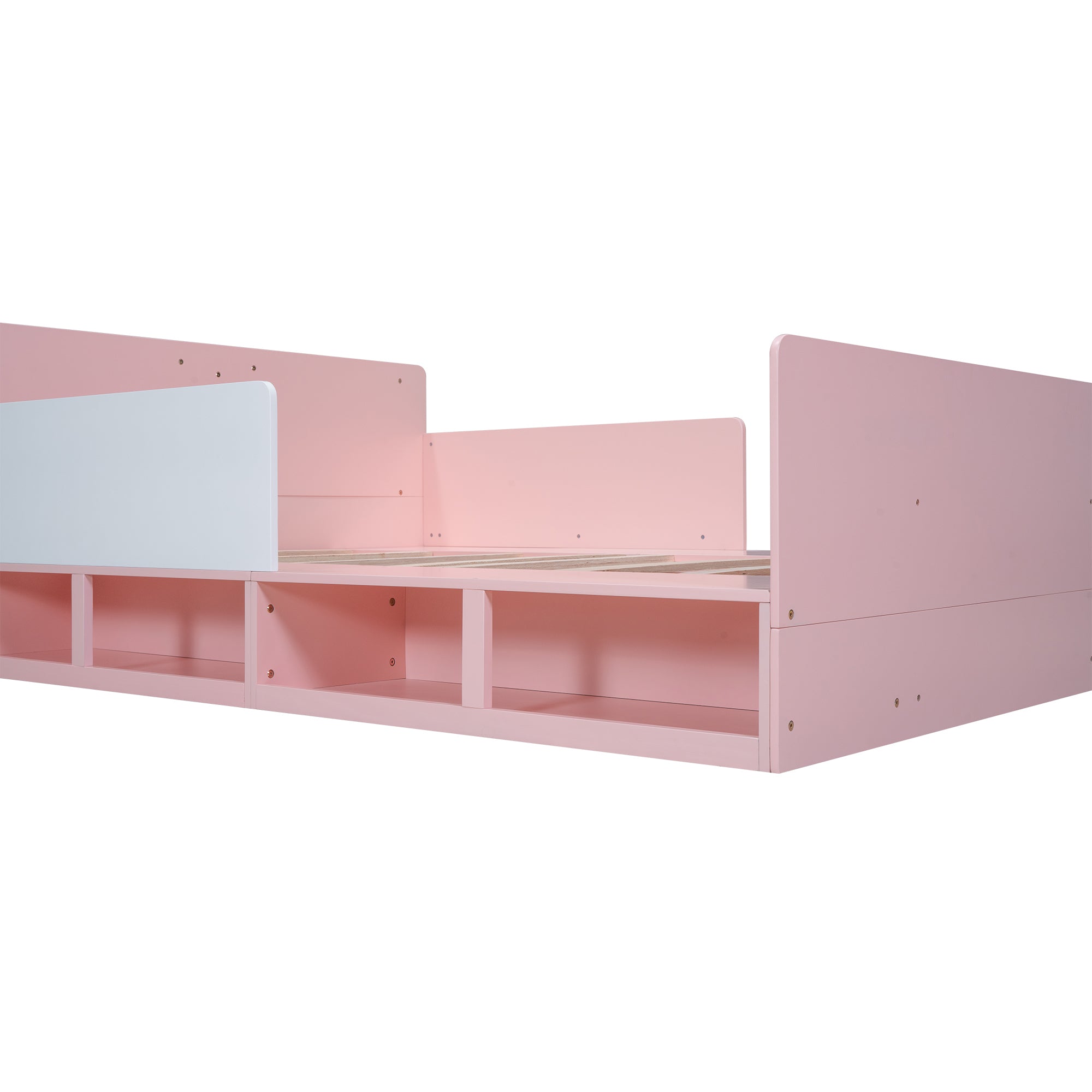 Wood Full Size Platform Bed with Storage Headboard, Guardrails and 4 Underneath Cabinets, Pink - Atlantic Fine Furniture Melbourne FL