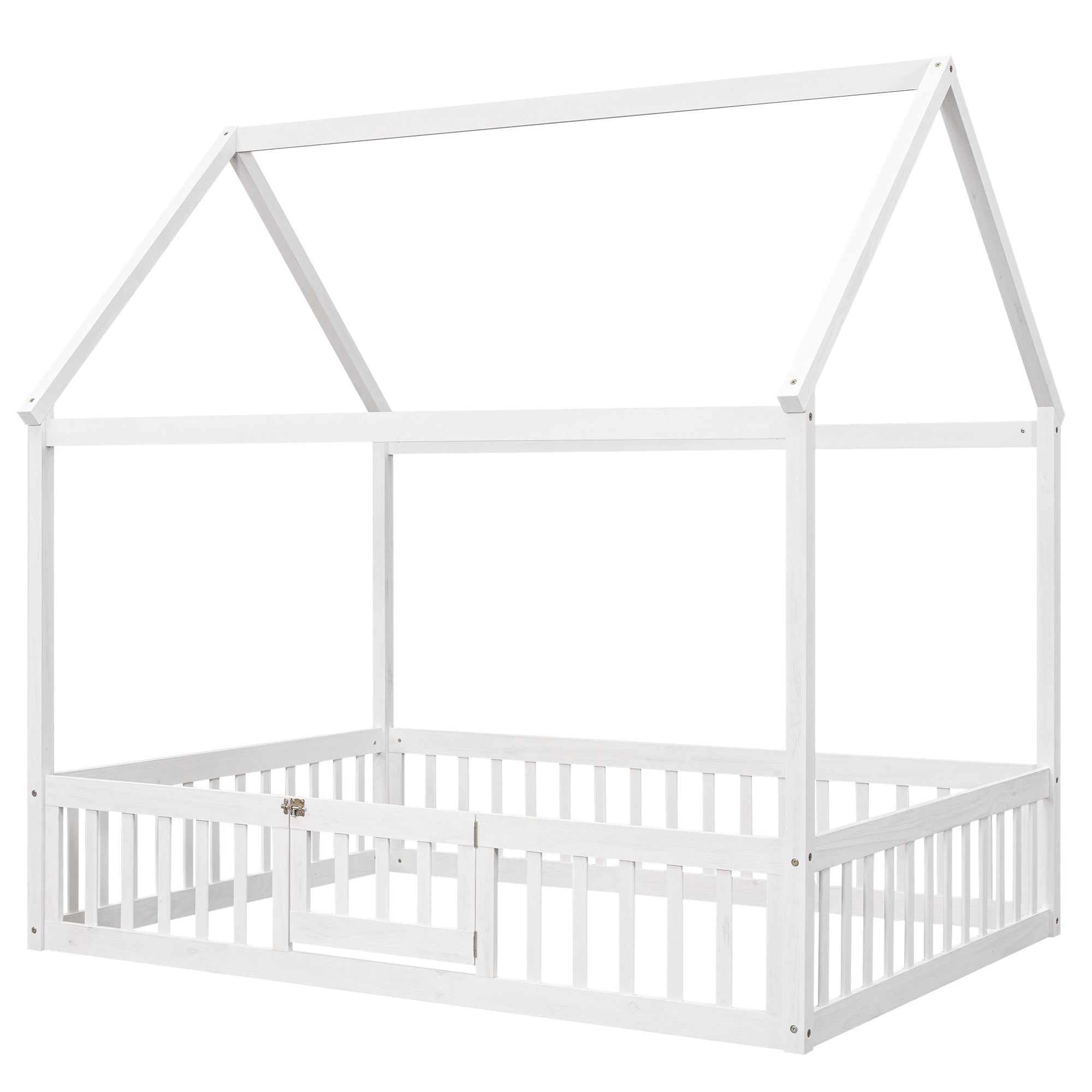 Full Size Wood House Bed with Fence and Door, White Wash