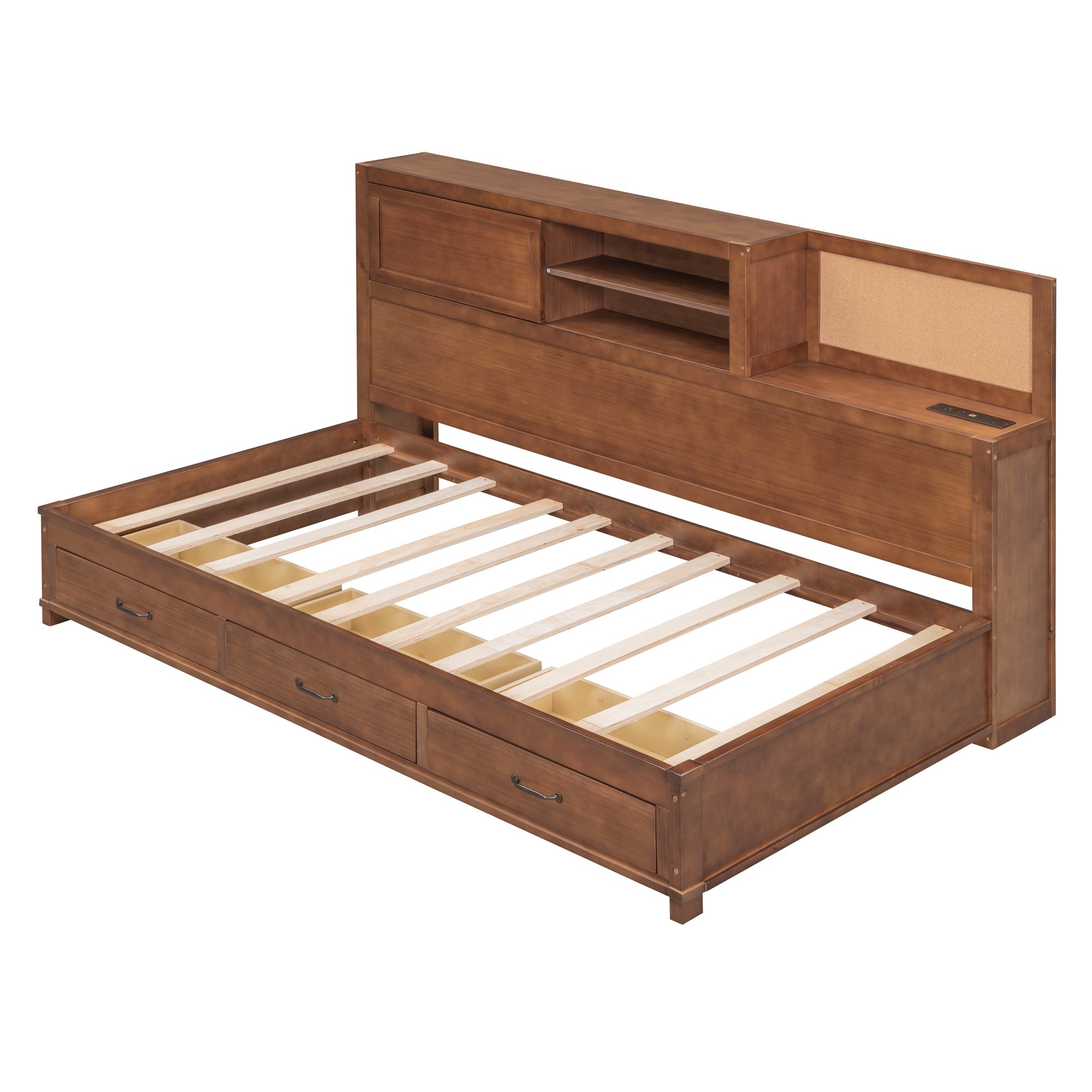 Twin Size Wooden Daybed with 3 Storage Drawers, Upper Soft Board, shelf, and a set of Sockets and USB Ports, Brown - Atlantic Fine Furniture Melbourne FL