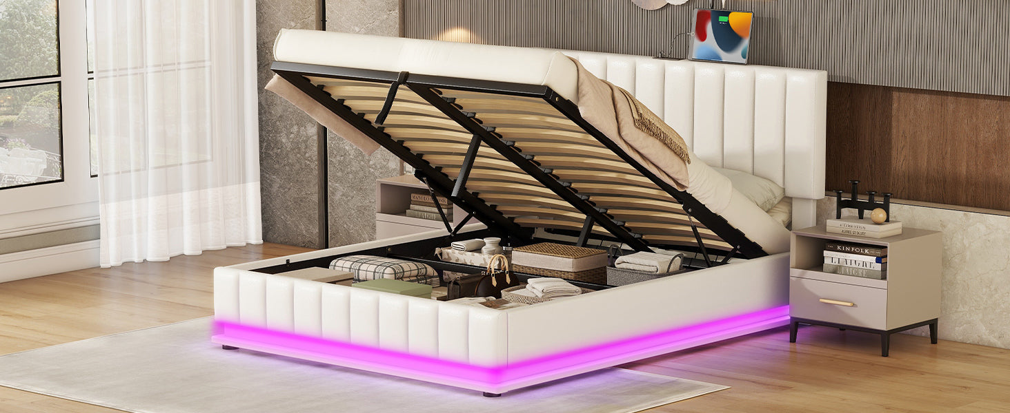 Queen Size Upholstered Bed with Hydraulic Storage System and LED Light, Modern Platform Bed with Sockets and USB Ports, White - Atlantic Fine Furniture Melbourne FL