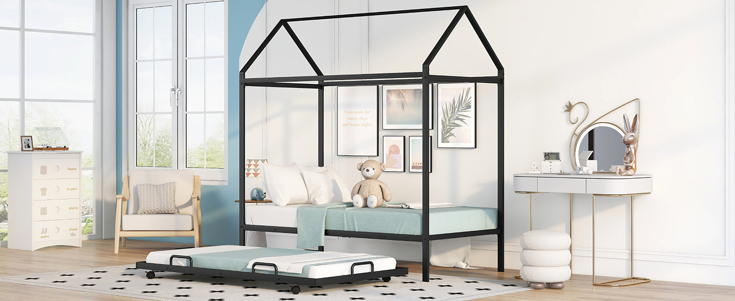 Twin Size Kids House Bed With Trundle, Metal House Bed Black - Atlantic Fine Furniture Melbourne FL