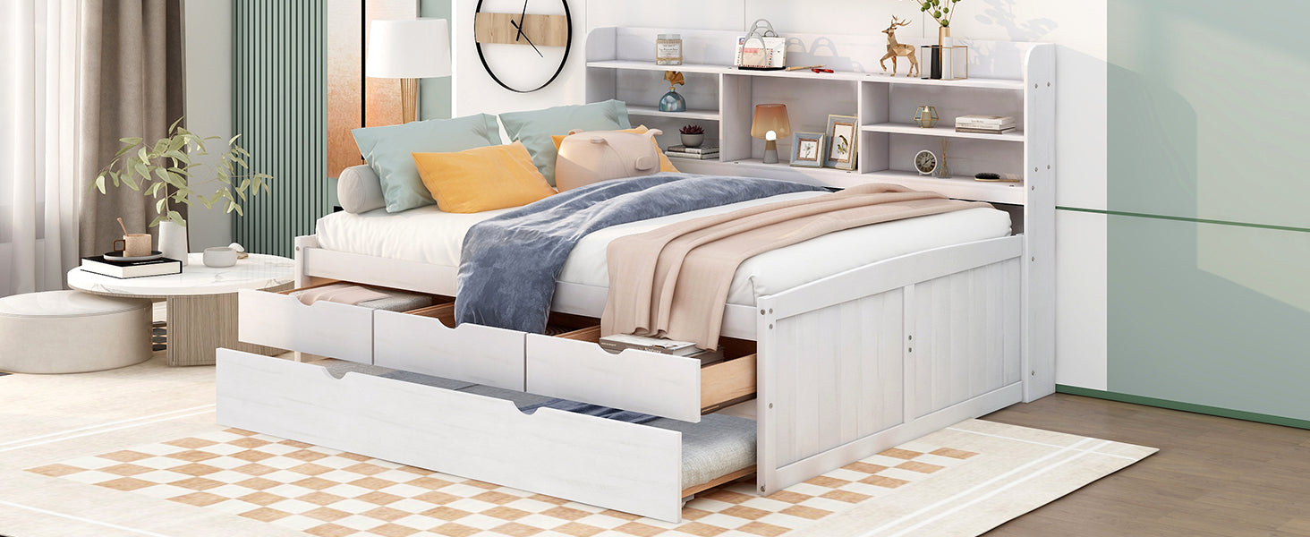 Full Size Wooden Captain Bed with Built-in Bookshelves,Three Storage Drawers and Trundle,White Wash - Atlantic Fine Furniture Melbourne FL