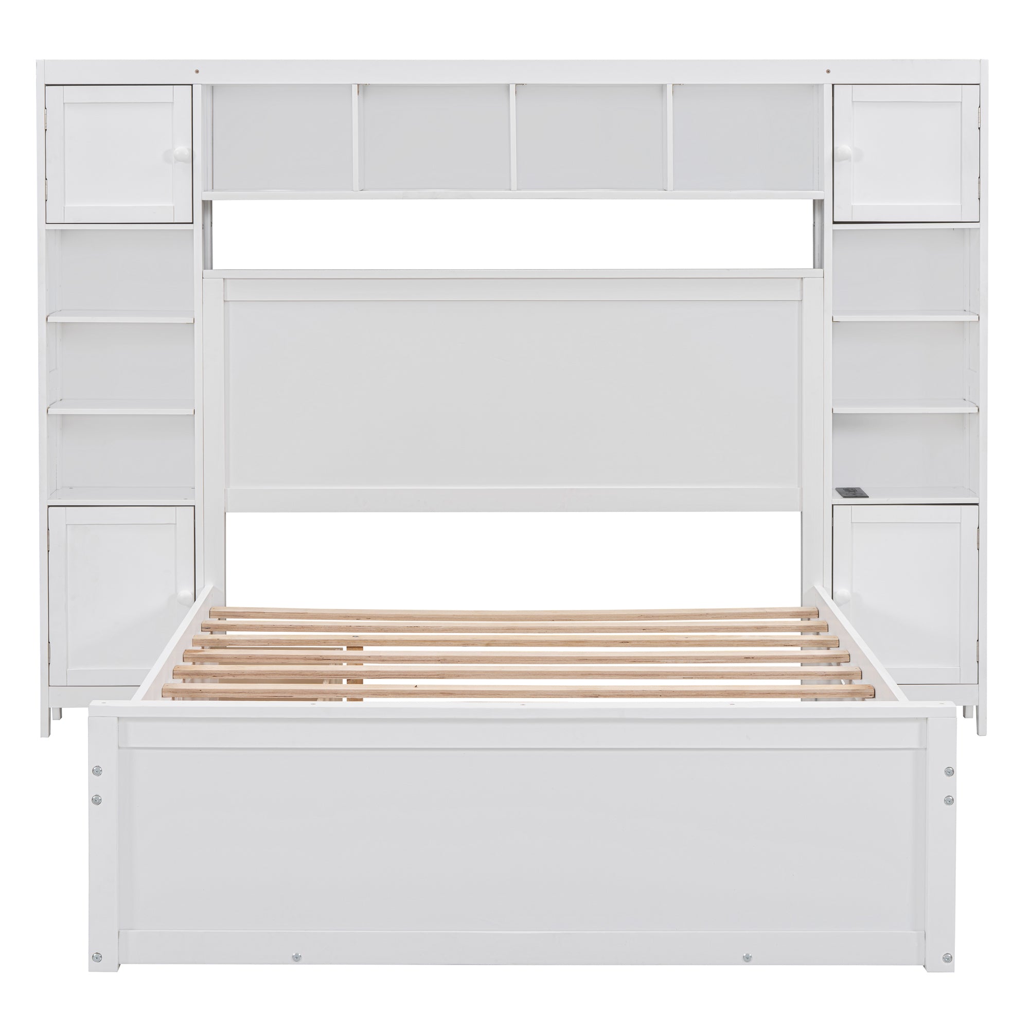 Full Size Wooden Bed With All-in-One Cabinet, Shelf and Sockets, White