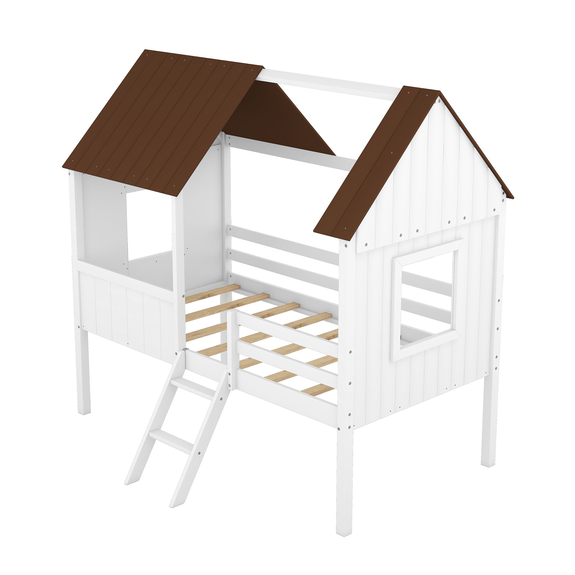 Twin Size Low Loft Wood House Bed with Two Side Windows (White+Brown)(OLD SKU: LP000037AAD) - Atlantic Fine Furniture Melbourne FL