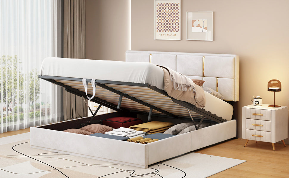 Queen Size Upholstered Platform Bed with Hydraulic Storage System,No Box Spring Needed,Beige - Atlantic Fine Furniture Melbourne FL