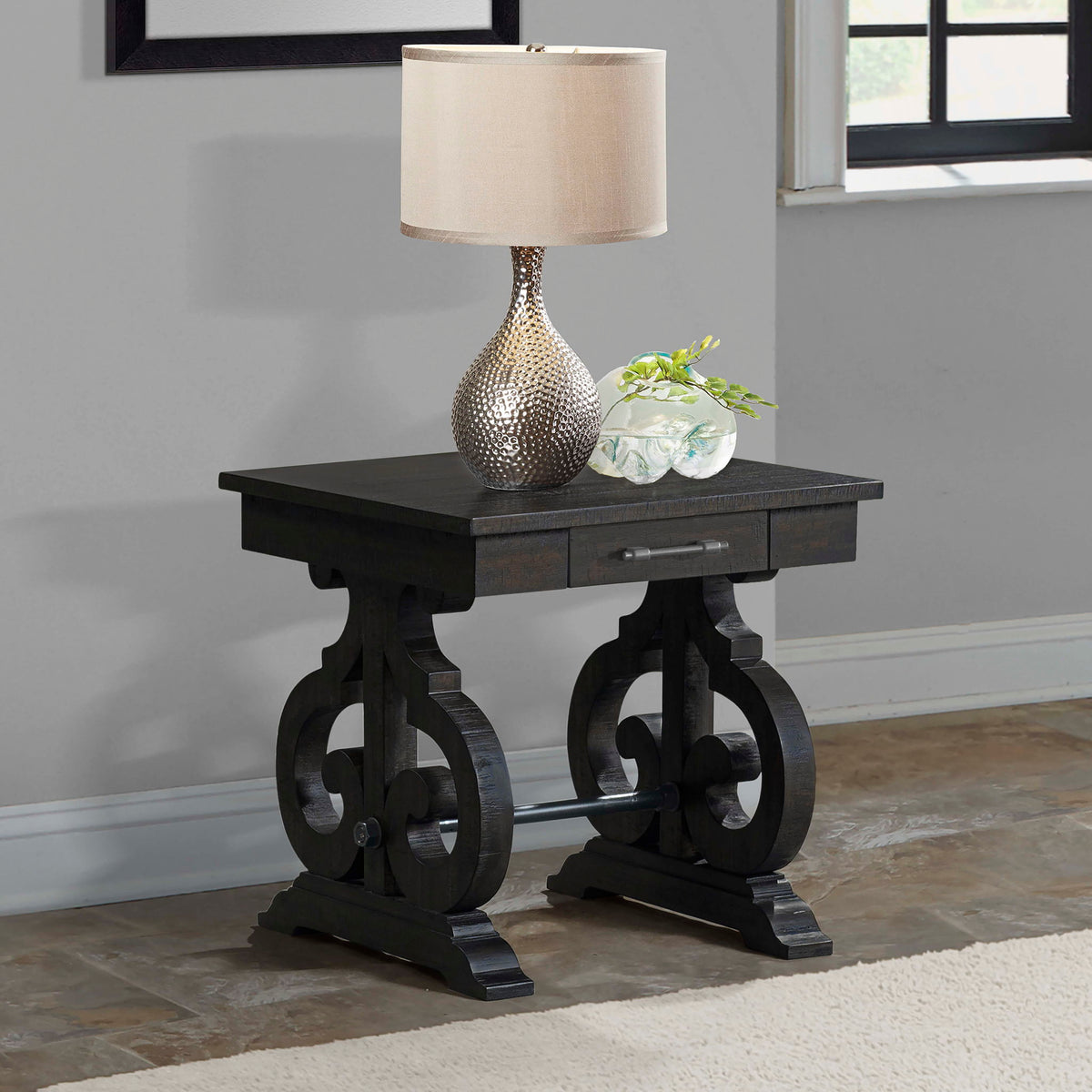 Stone Chairside Table With PU Base in Dark Walnut by Elements International, view 6
