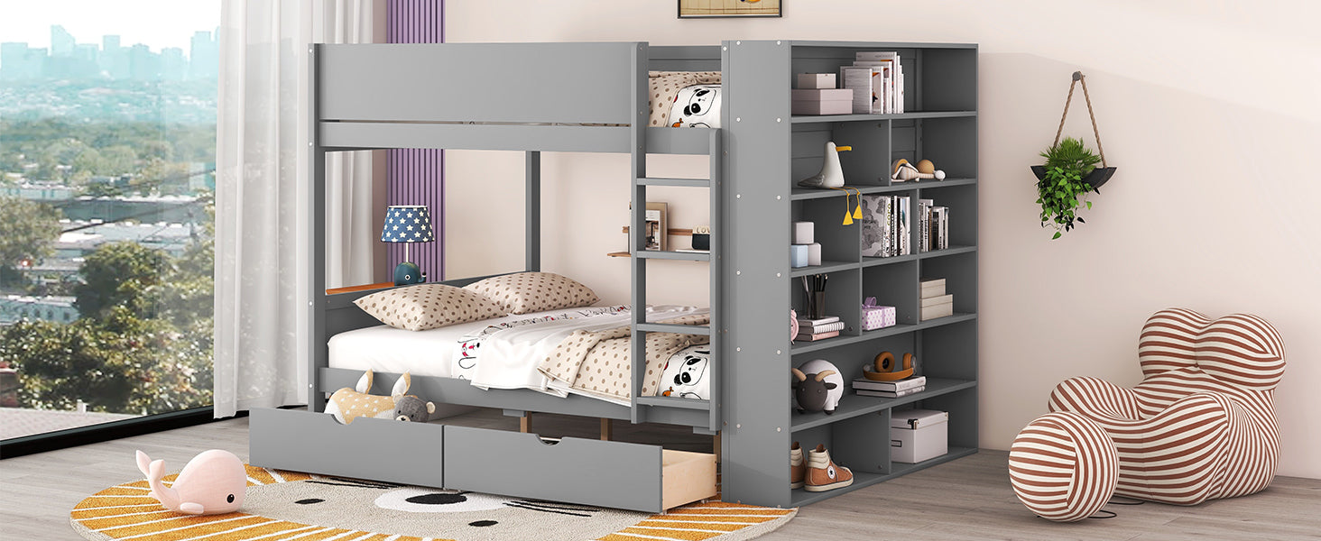 Full over Full Bunk Bed With 2 Drawers and Multi-layer Cabinet, Gray - Atlantic Fine Furniture Melbourne FL