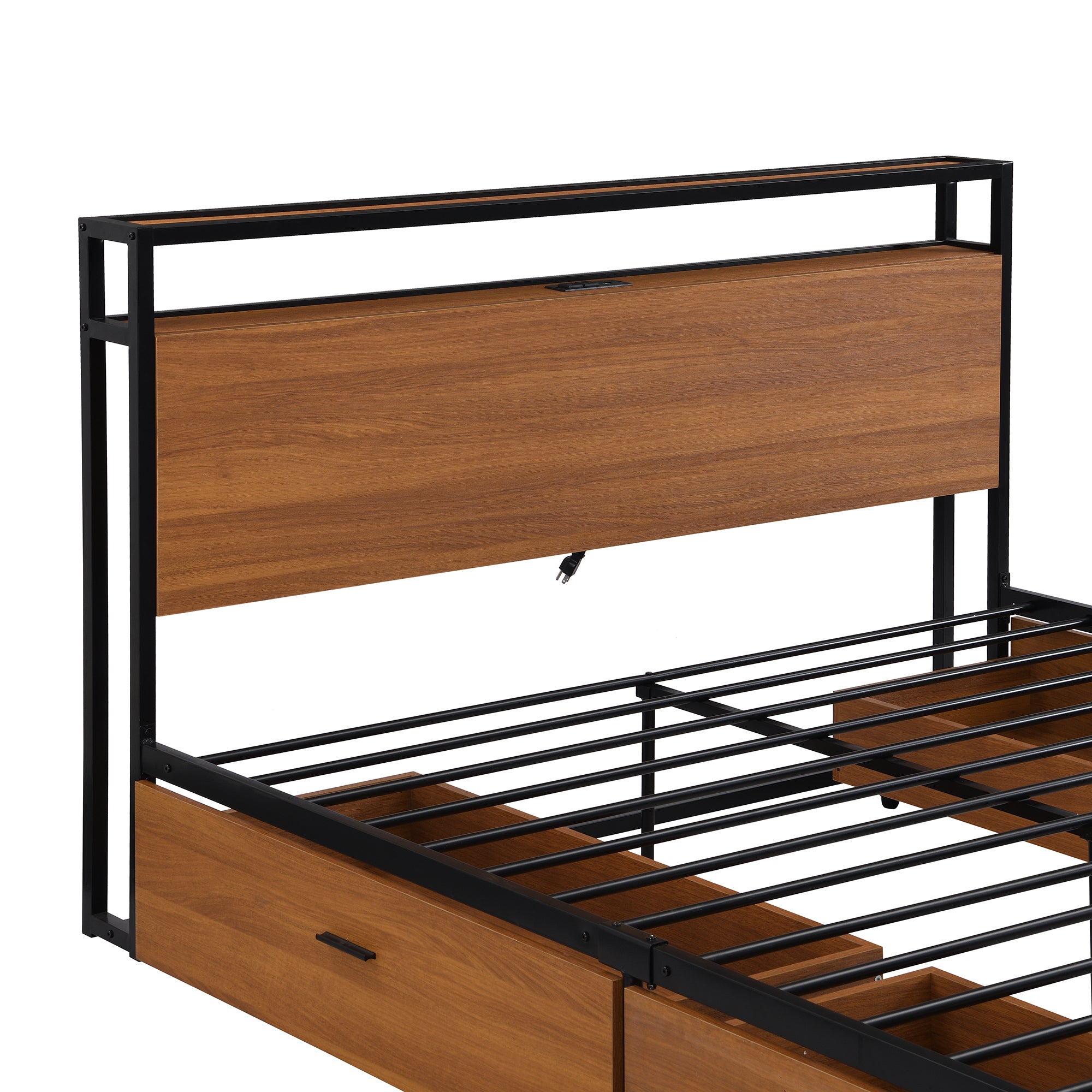 Queen Size Metal Platform Bed Frame with Four Drawers,Sockets and USB Ports ,Slat Support No Box Spring Needed Black - Atlantic Fine Furniture Melbourne FL