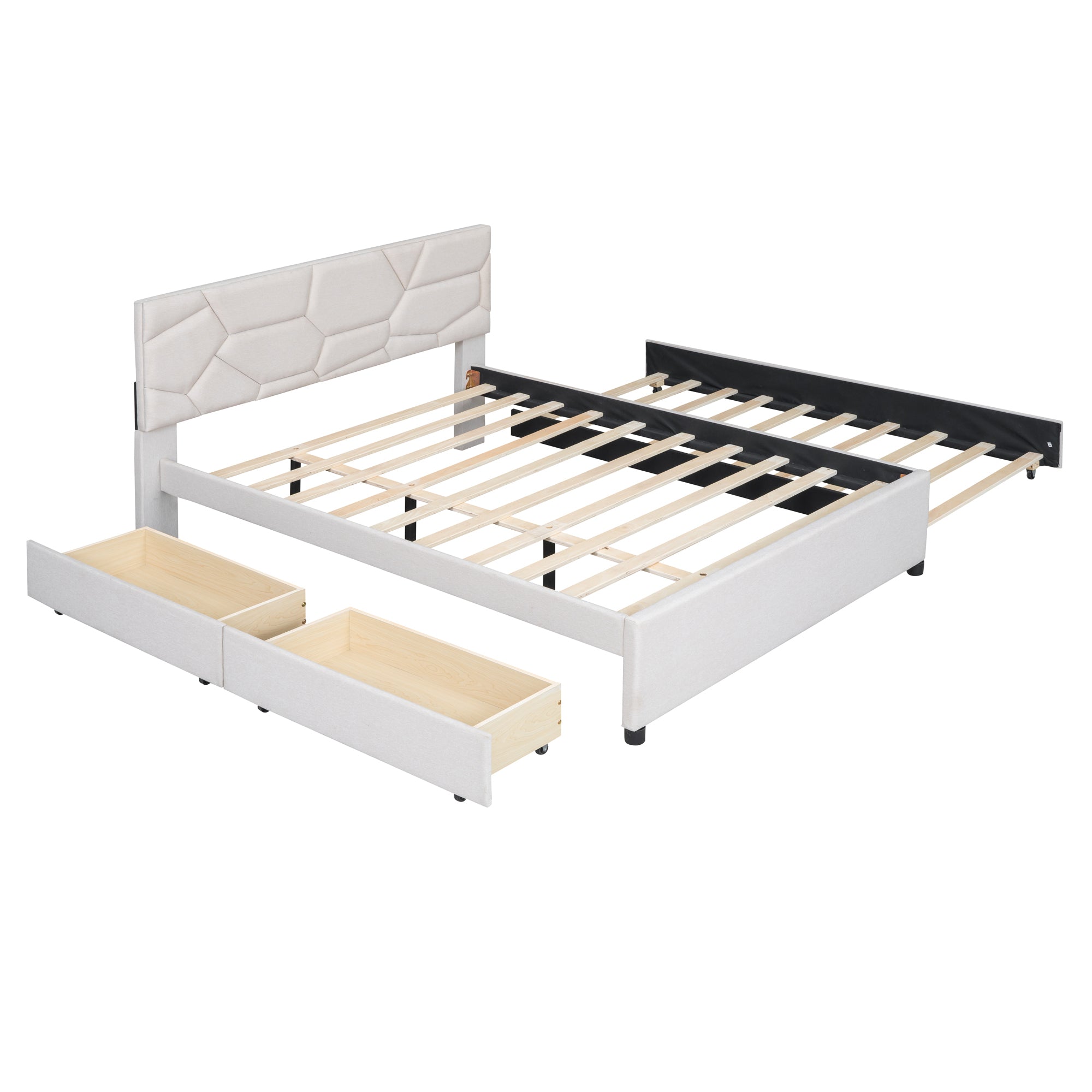 Queen Size Upholstered Platform Bed with Brick Pattern Headboard, with Twin XL Size Trundle and 2 drawers, Linen Fabric, Beige