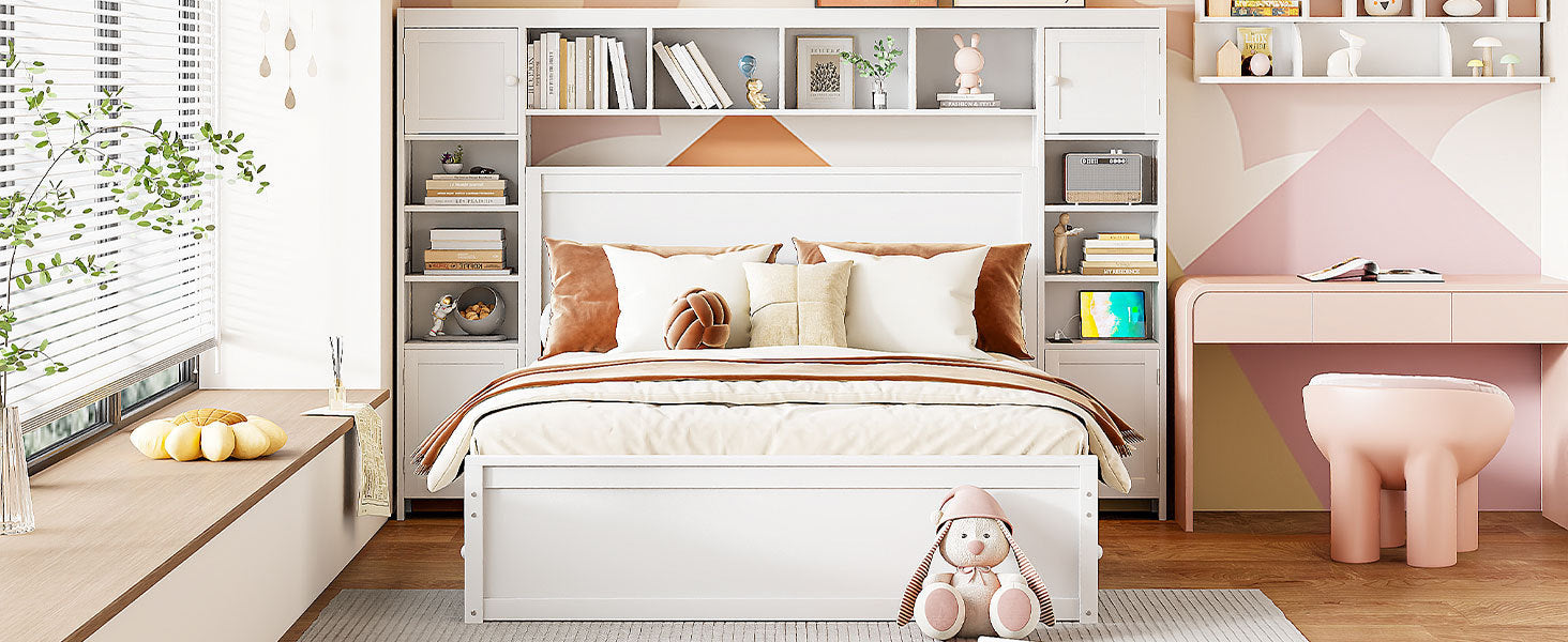 Queen Size Wooden Bed With All-in-One Cabinet, Shelf and Sockets, White