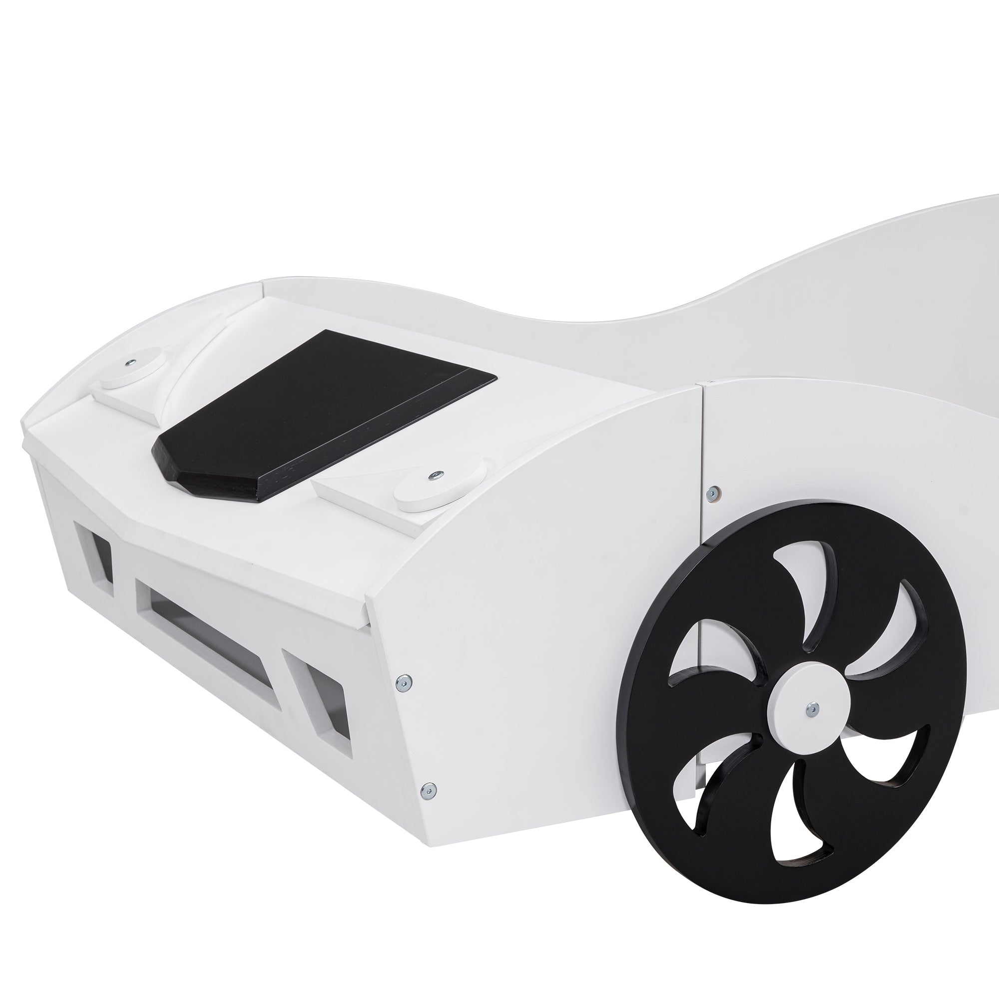 Twin Size Race Car-Shaped Platform Bed with Upholstered Backrest and Storage, White - Atlantic Fine Furniture Melbourne FL