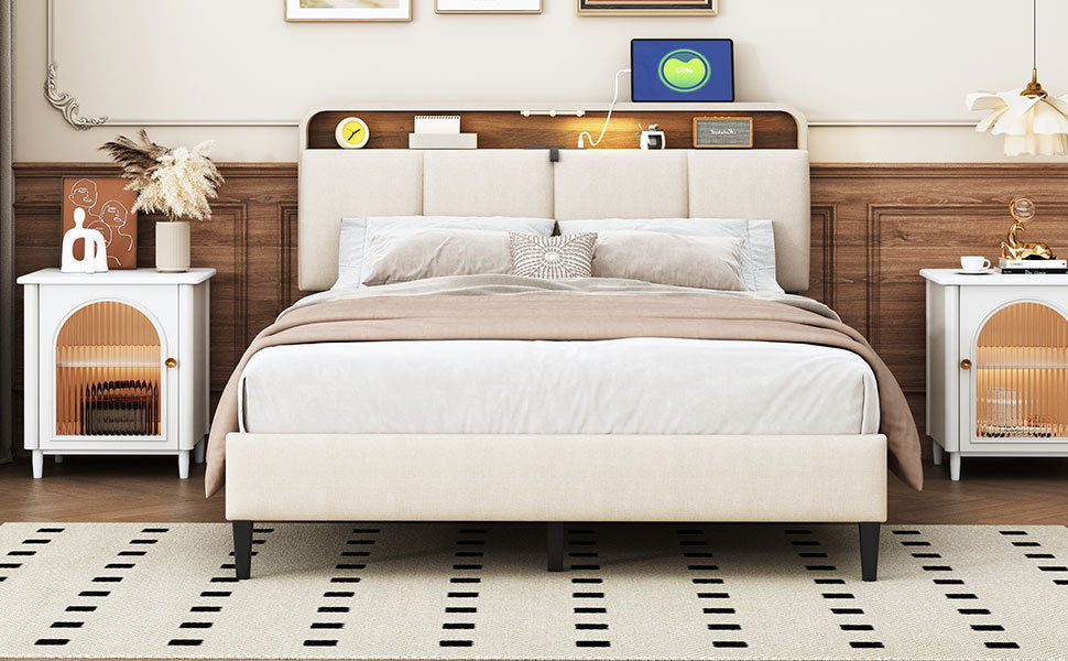 Full size Upholstered Platform Bed with Storage Headboard, Sensor Light and a set of Sockets and USB Ports, Linen Fabric, Beige