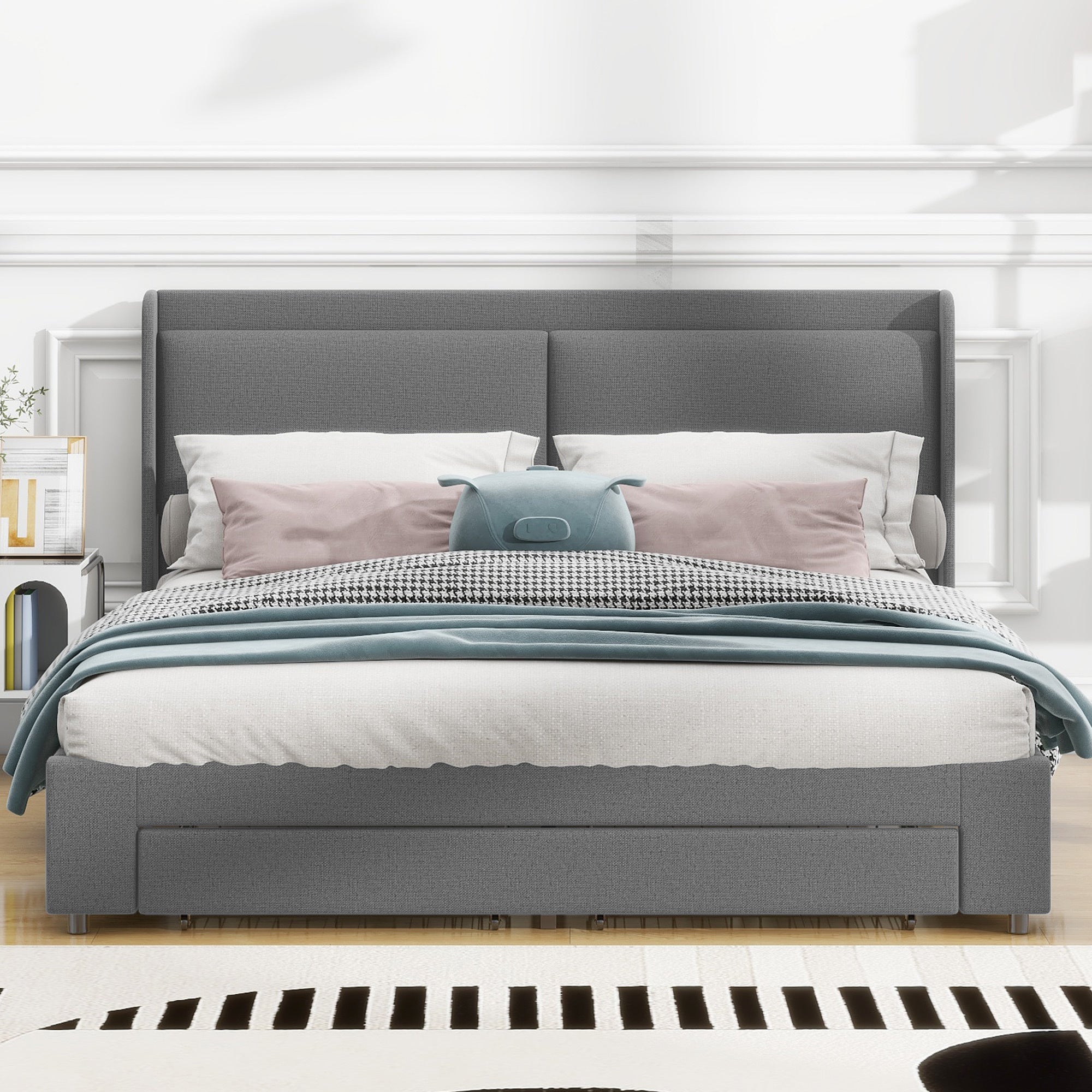 Queen Size Storage Upholstered Hydraulic Platform Bed with 2 Drawers, Gray - Atlantic Fine Furniture Melbourne FL