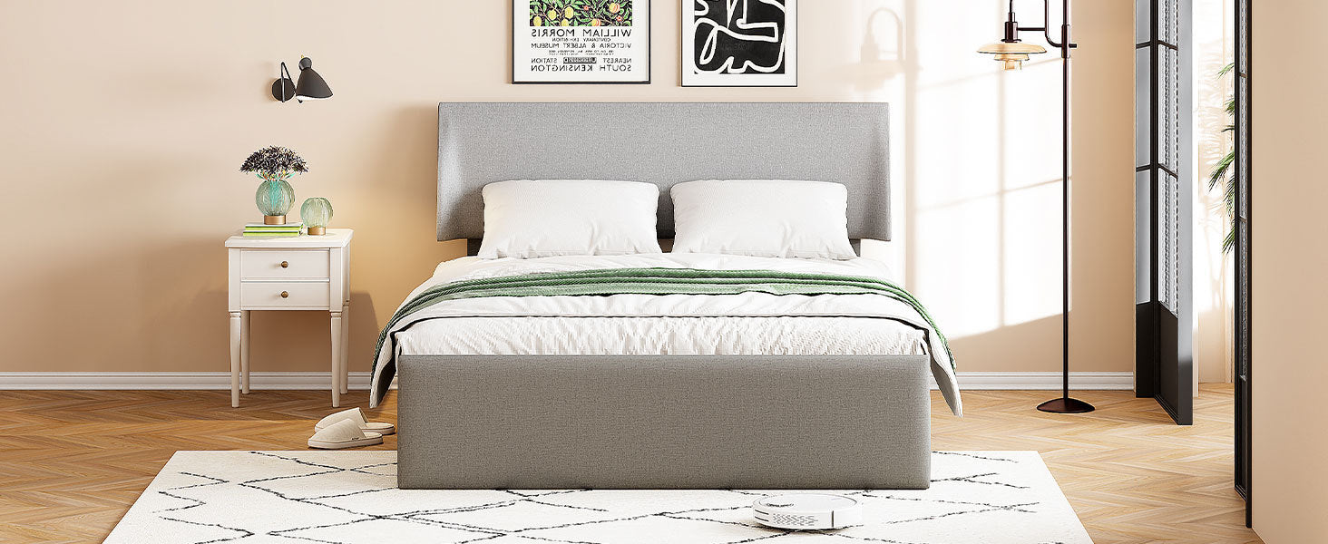 Full Size Sleigh Bed with Side-Tilt Hydraulic Storage System, Linen Upholstery, Gray - Atlantic Fine Furniture Melbourne FL