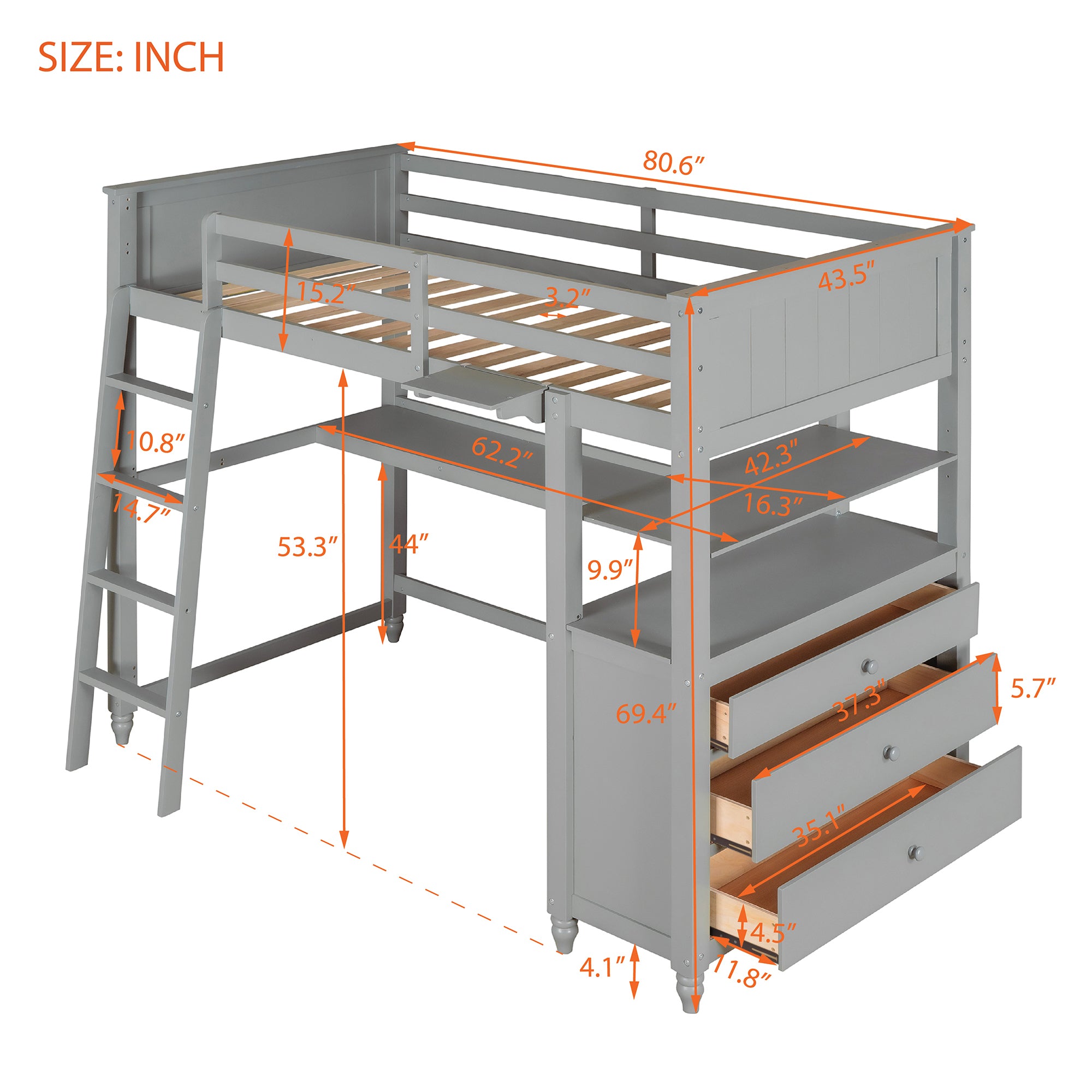 Twin size Loft Bed with Drawers and Desk, Wooden Loft Bed with Shelves - Gray(OLD SKU: LT001530AAE) - Atlantic Fine Furniture Melbourne FL