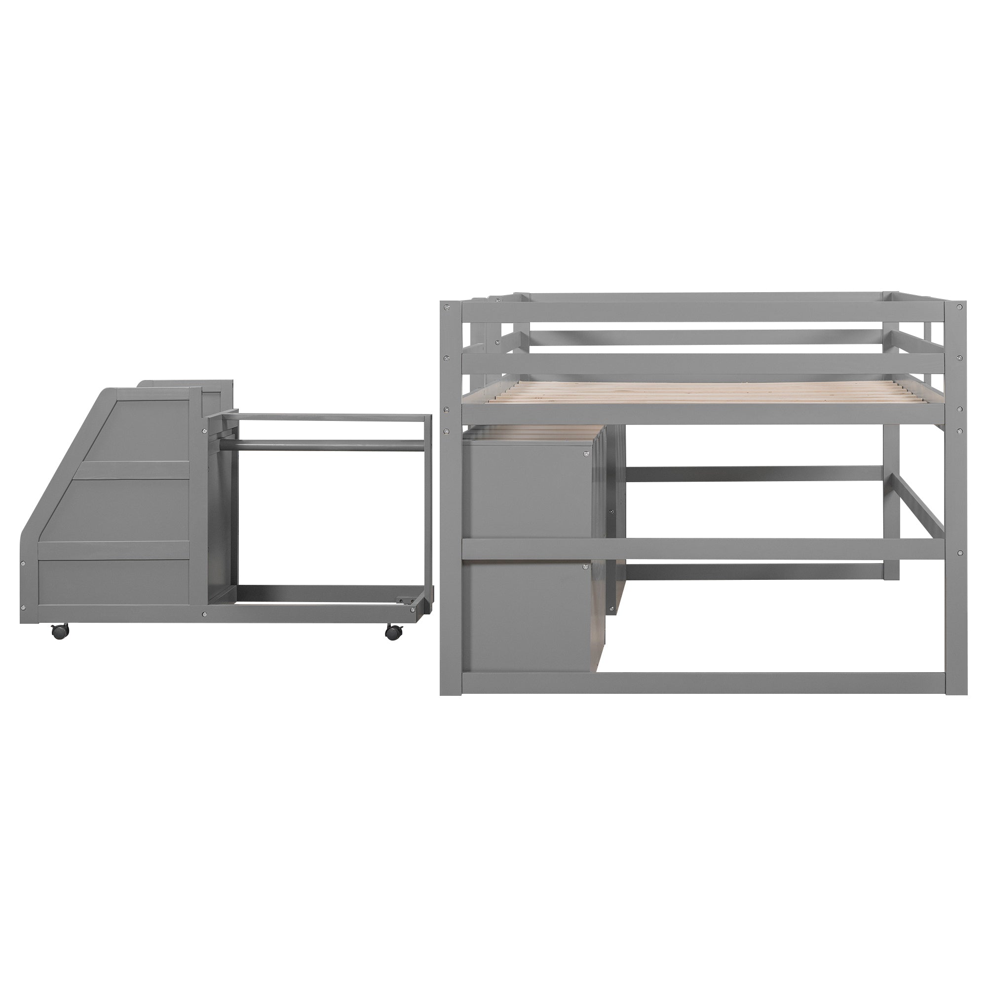 Full Size Functional Loft Bed with Cabinets and Drawers, Hanging Clothes at the back of the Staircase, Gray - Atlantic Fine Furniture Melbourne FL
