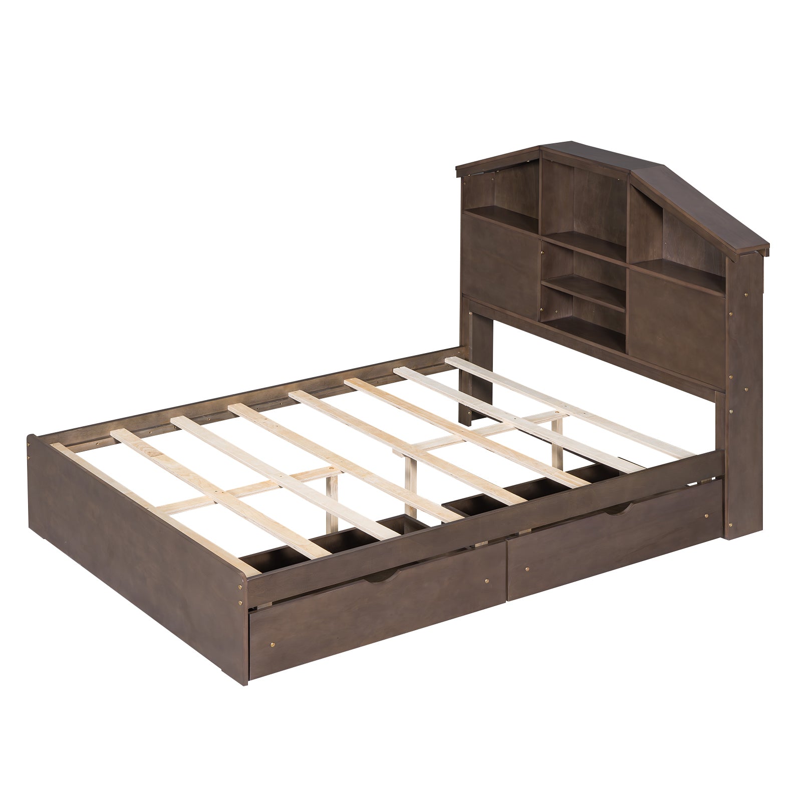 Full Size Wood Platform Bed with House-shaped Storage Headboard and 2 Drawers, Walnut - Atlantic Fine Furniture Melbourne FL