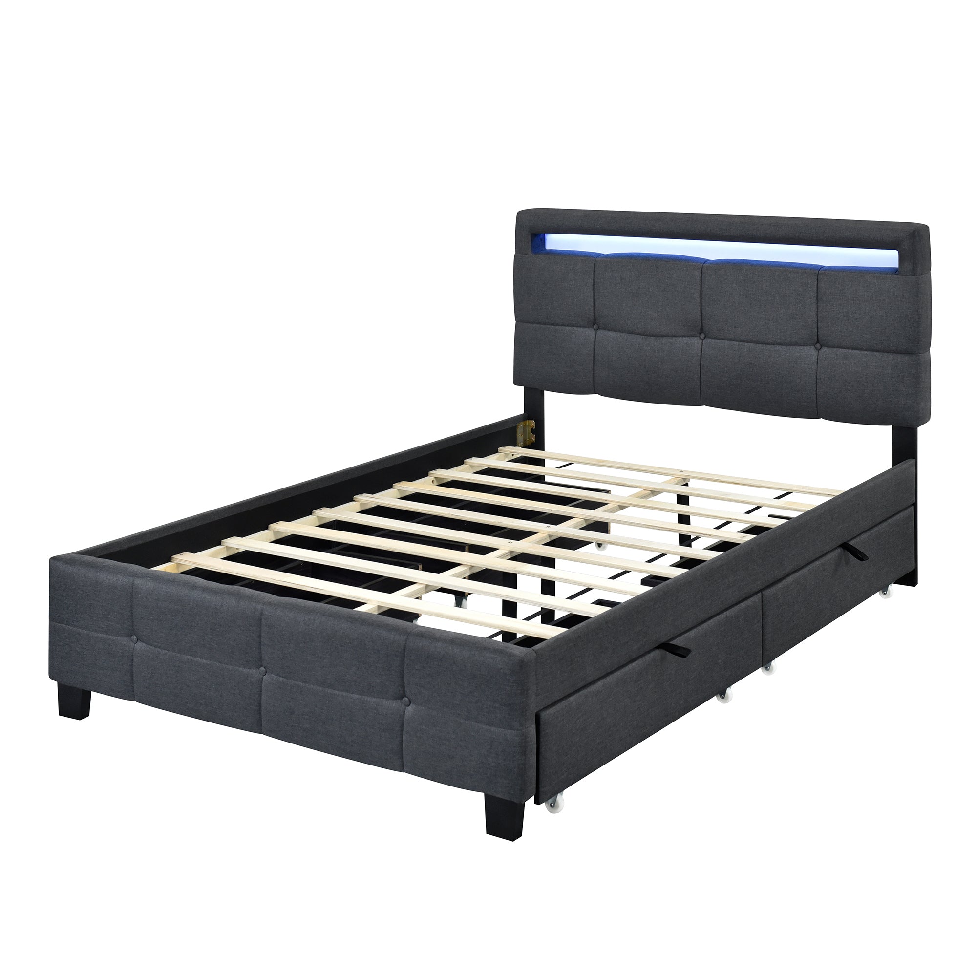 Full Size Upholstered Platform Bed with LED Frame and 4 Drawers, Linen Fabric, Gray - Atlantic Fine Furniture Melbourne FL