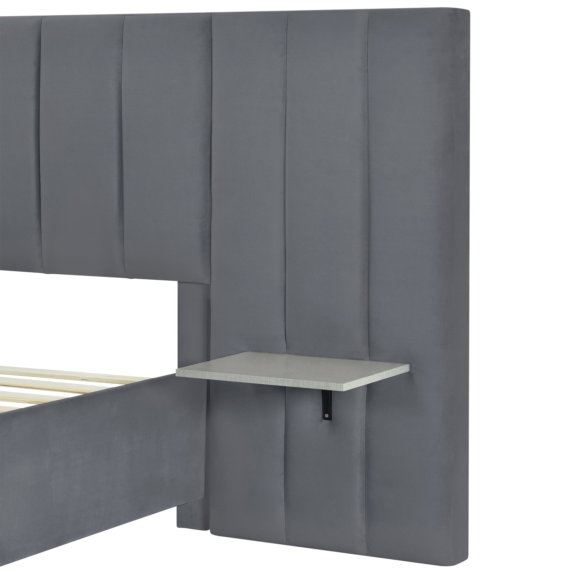 Queen Size Upholstered Platform Bed with Big Headboard, Bedroom Furniture, Velvet, Gray - Atlantic Fine Furniture Melbourne FL