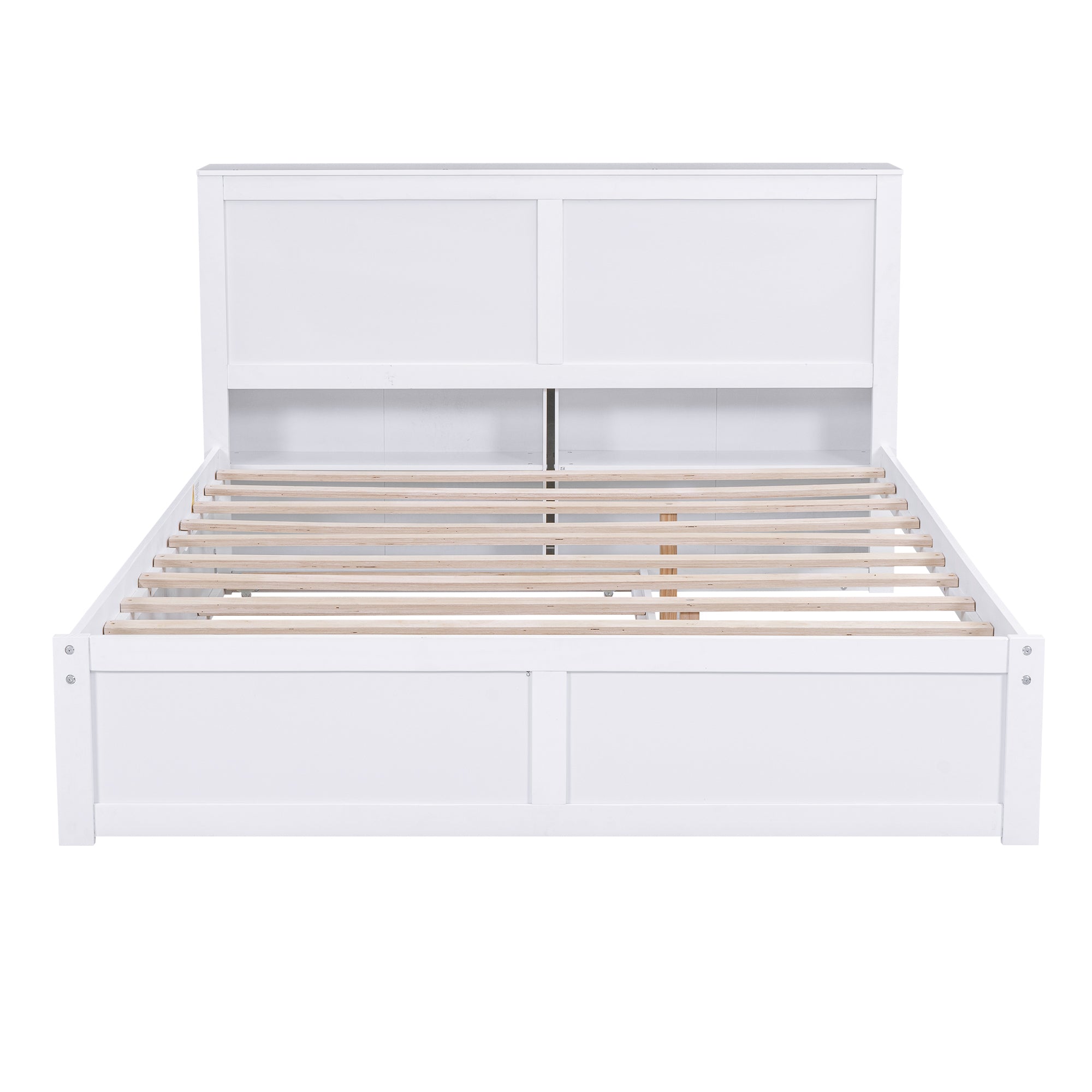 Queen Size Storage Platform Bed with Pull Out Shelves and Twin XL Size Trundle, White