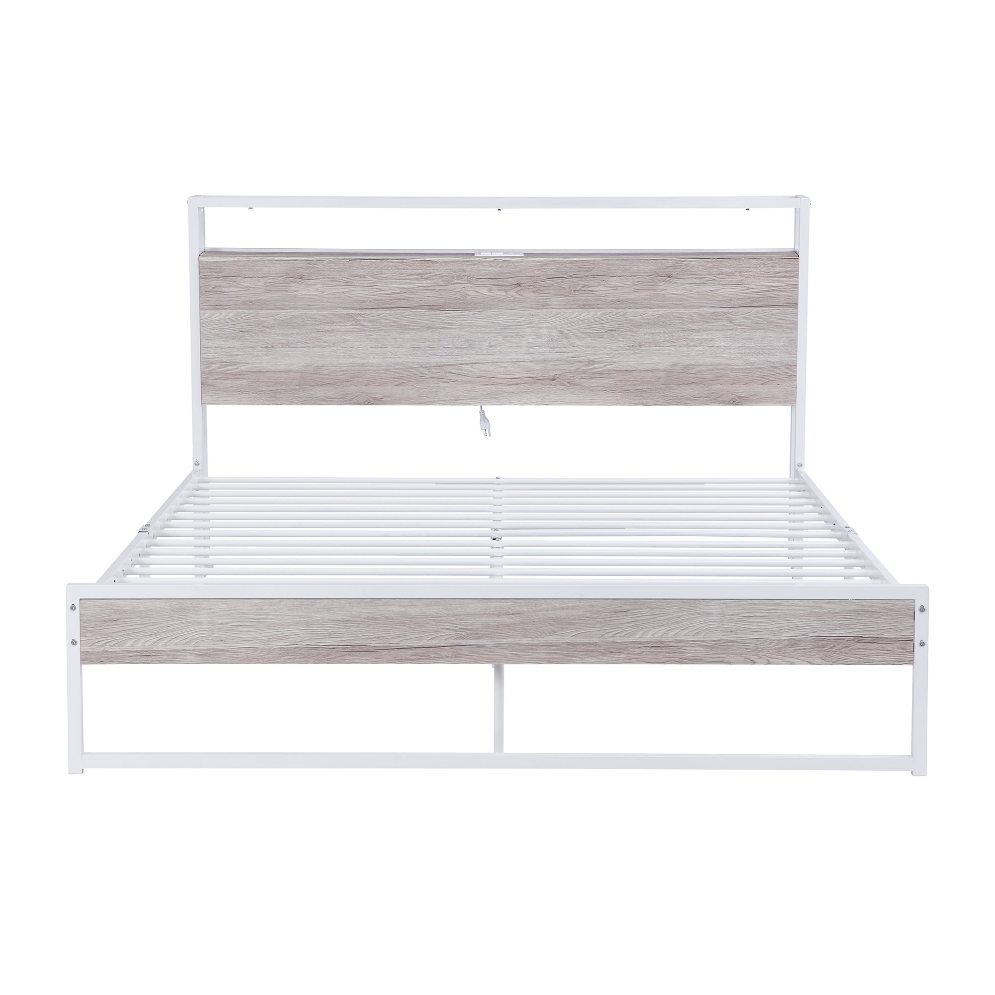 Queen Size Metal Platform Bed Frame with Sockets, USB Ports and Slat Support ,No Box Spring Needed White