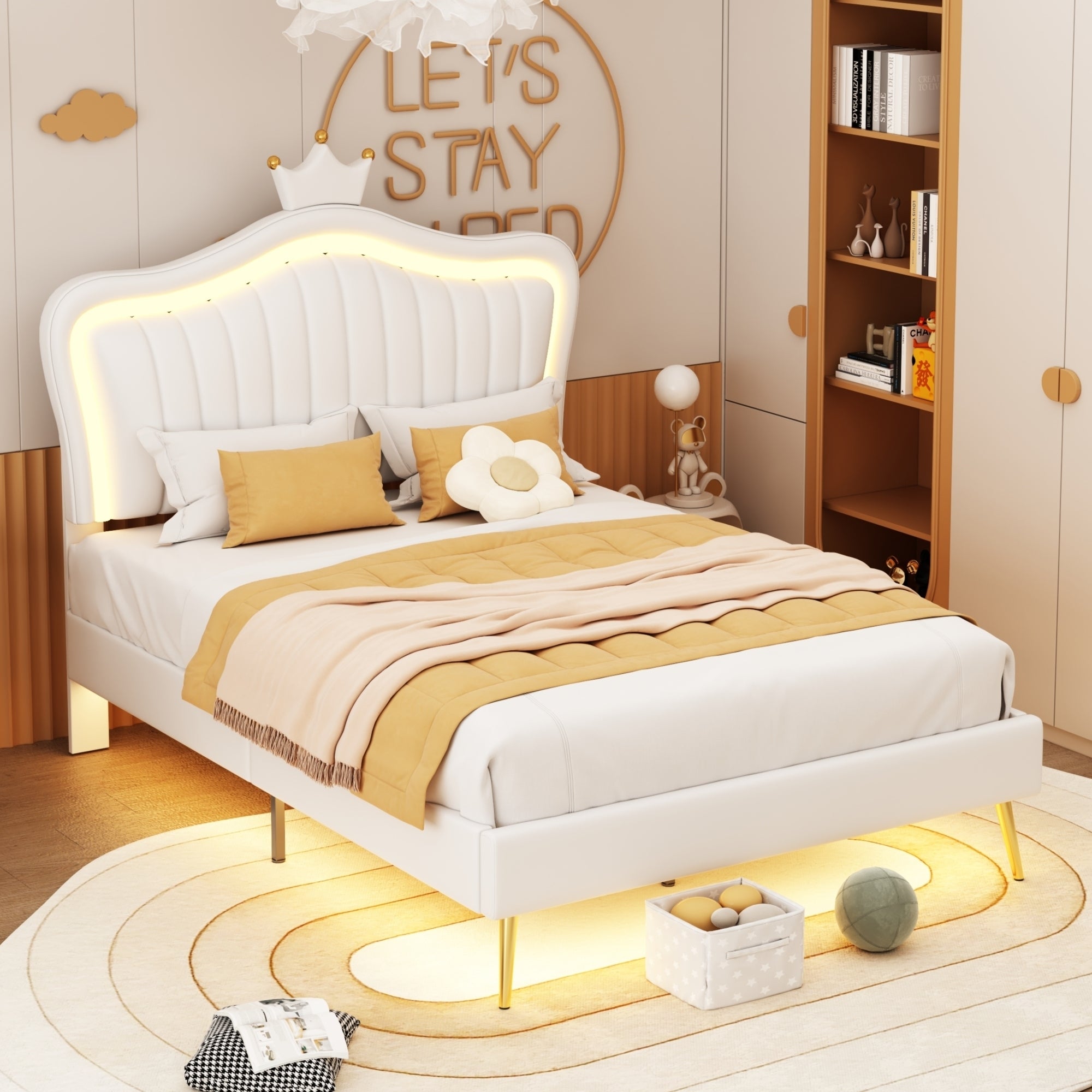 Full Size Upholstered Bed Frame with LED Lights,Modern Upholstered Princess Bed With Crown Headboard,White - Atlantic Fine Furniture Melbourne FL