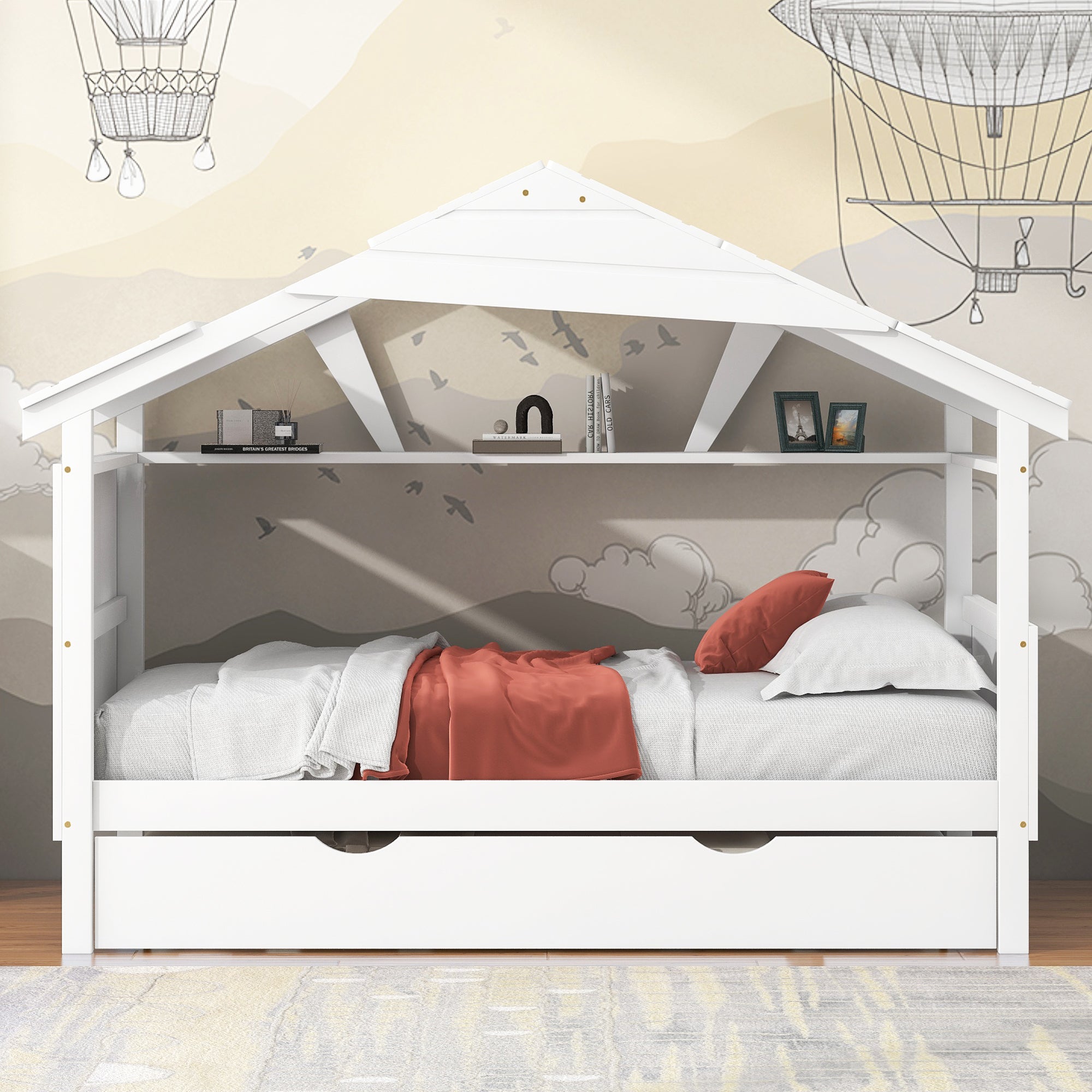 Wood Twin Size House Bed with Trundle and Storage, White - Atlantic Fine Furniture Melbourne FL