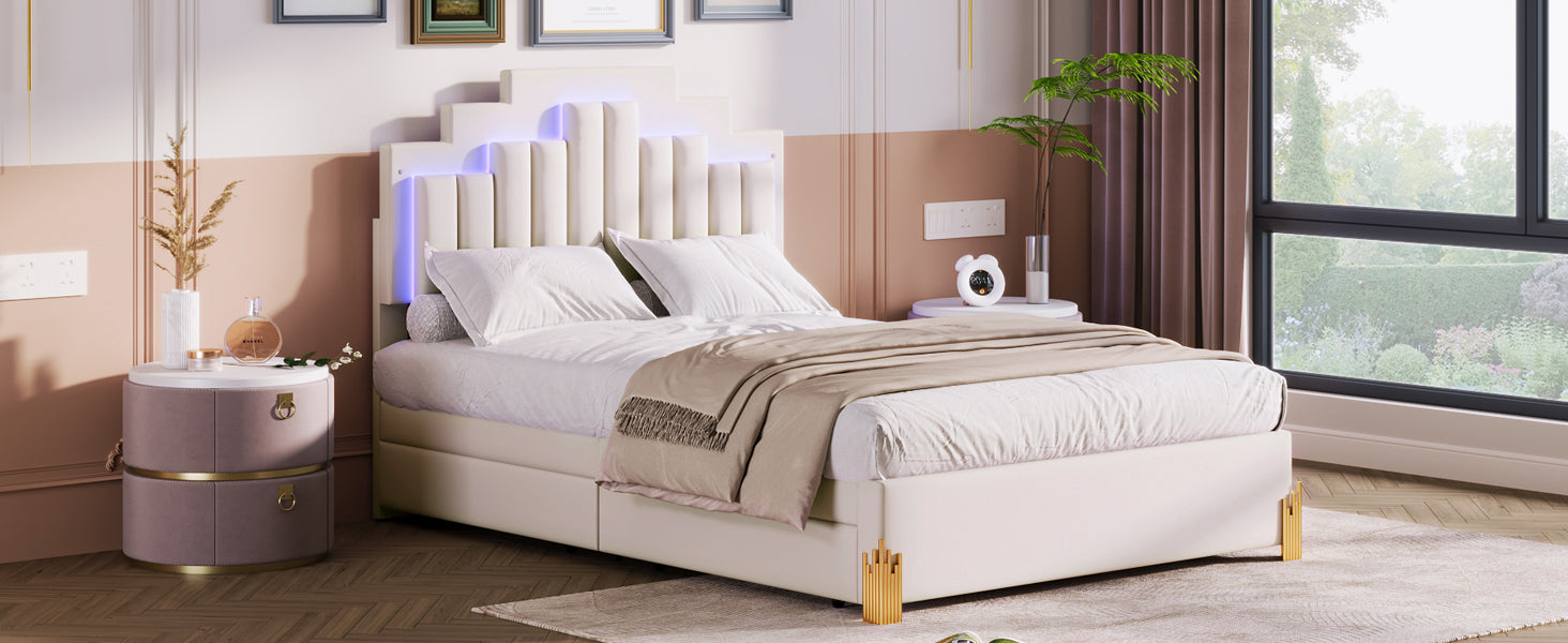 Full Size Upholstered Platform Bed with LED Lights and 4 Drawers, Stylish Irregular Metal Bed Legs Design, Beige - Atlantic Fine Furniture Melbourne FL