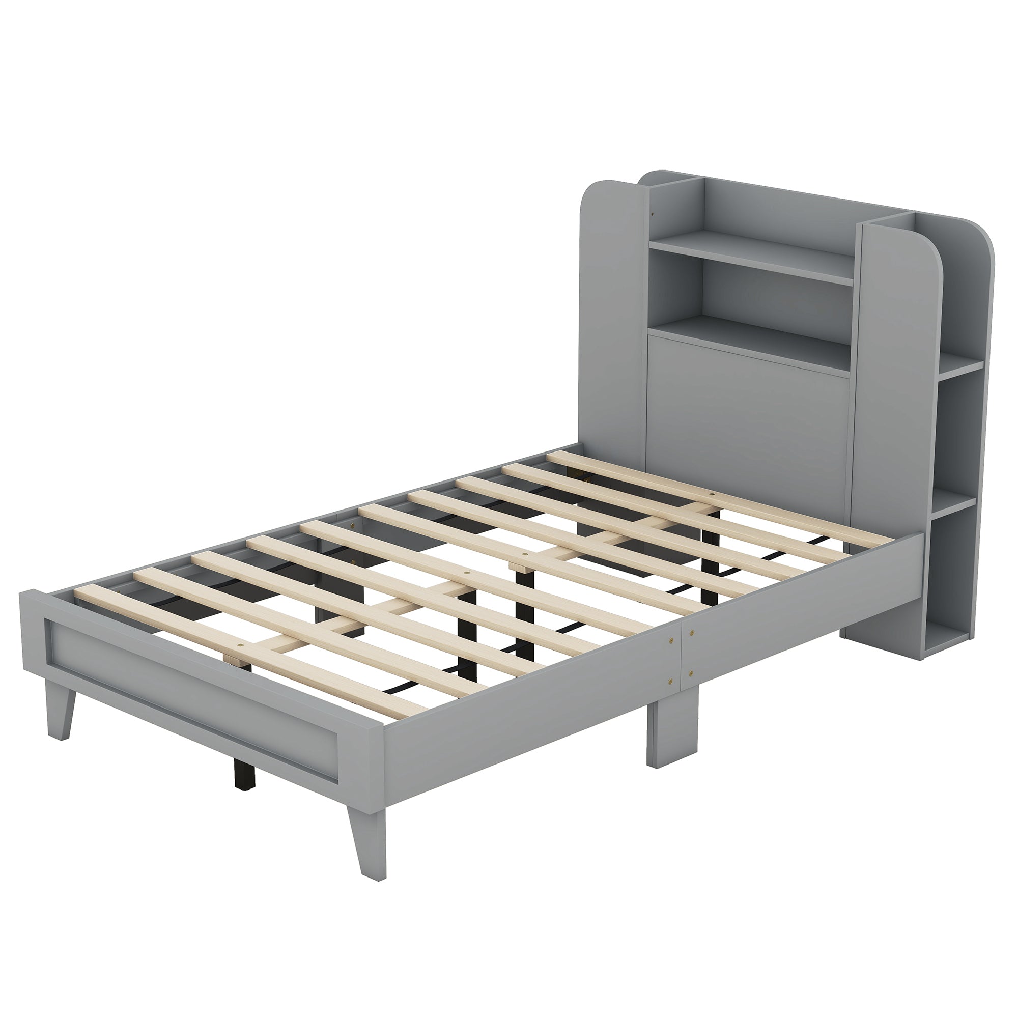 Twin Size Platform Bed with Storage Headboard,Multiple Storage Shelves on Both Sides,Grey - Atlantic Fine Furniture Melbourne FL