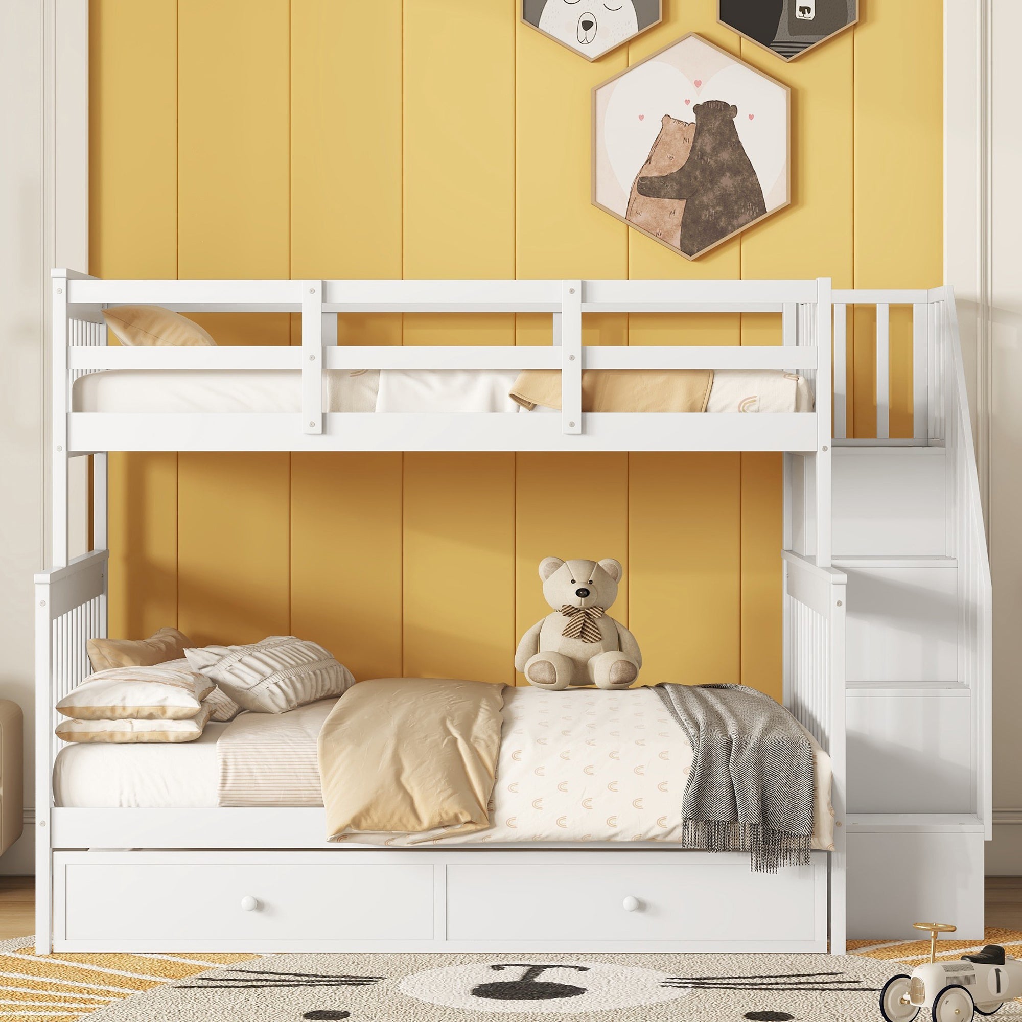 Twin-Over-Full Bunk Bed with Twin size Trundle, Storage and Guard Rail for Bedroom, Dorm, for Adults, White(OLD SKU :LT000119AAK) - Atlantic Fine Furniture Melbourne FL