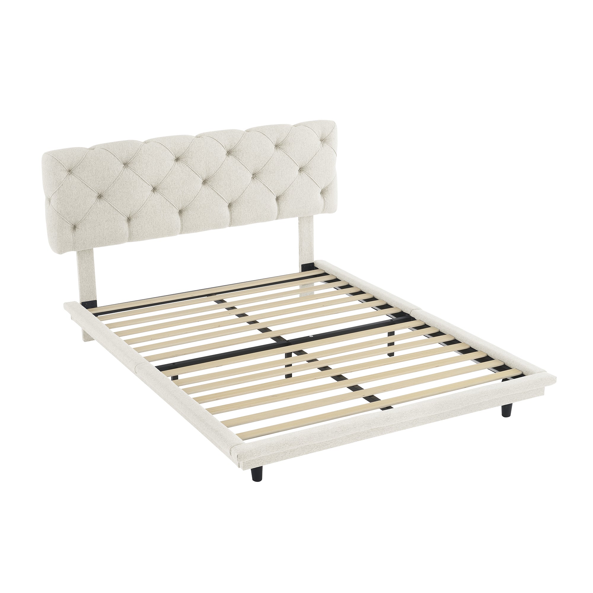 Full Size Upholstered Bed with Light Stripe, Floating Platform Bed, Linen Fabric,Beige - Atlantic Fine Furniture Melbourne FL