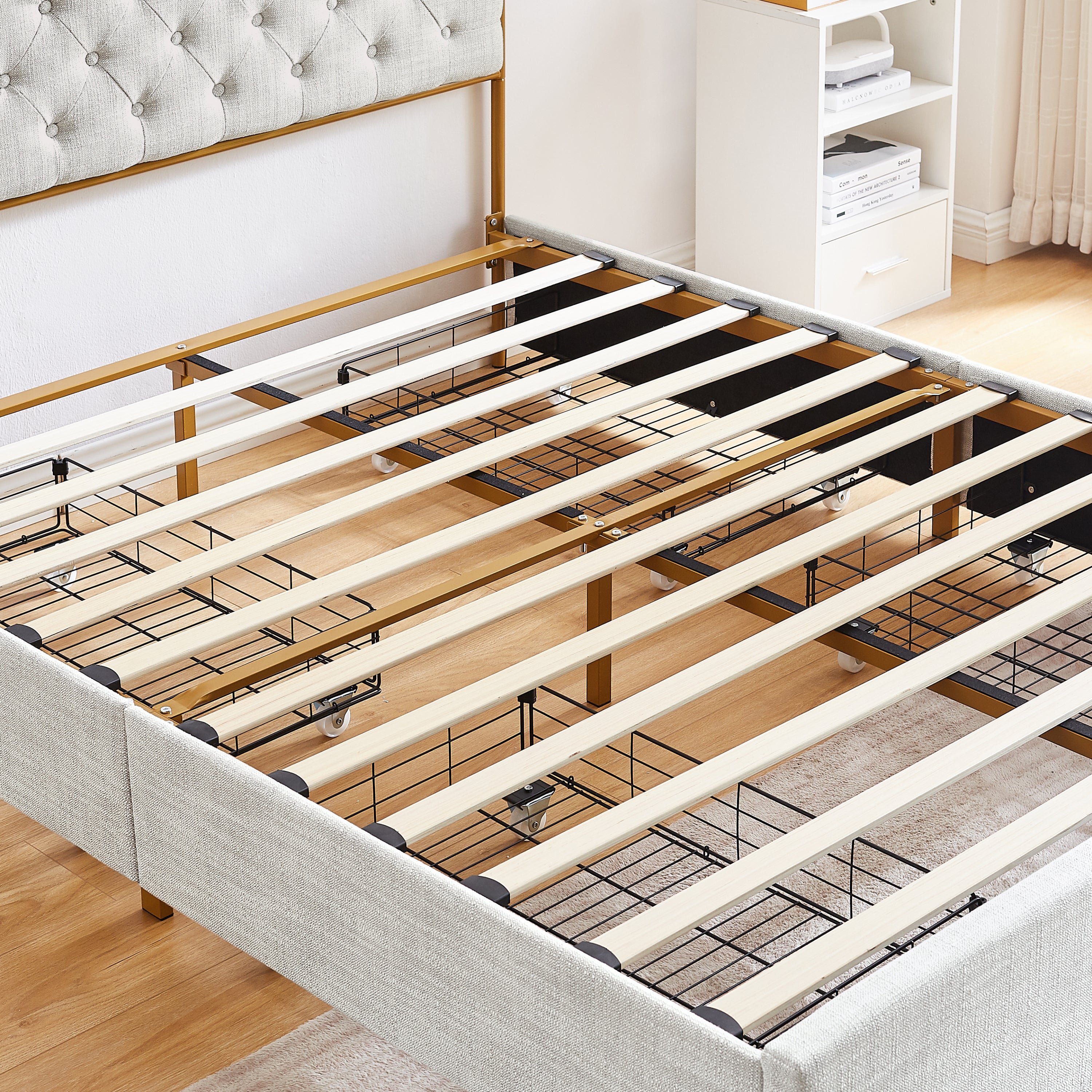 Classic steamed bread shaped backrest, metal frame, solid wood ribs, with four storage drawers, sponge soft bag, comfortable and elegant atmosphere, light gray, Full- size, F sleeping bed - Atlantic Fine Furniture Melbourne FL