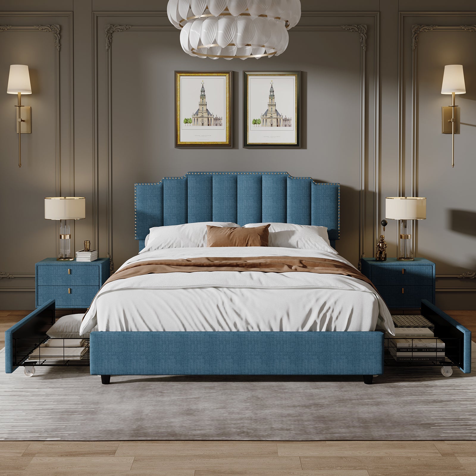 Queen Size Upholstered Platform Bed Linen Bed Frame with 2 Drawers Stitched Padded Headboard with Rivets Design Strong Bed Slats System No Box Spring Needed Blue - Atlantic Fine Furniture Melbourne FL