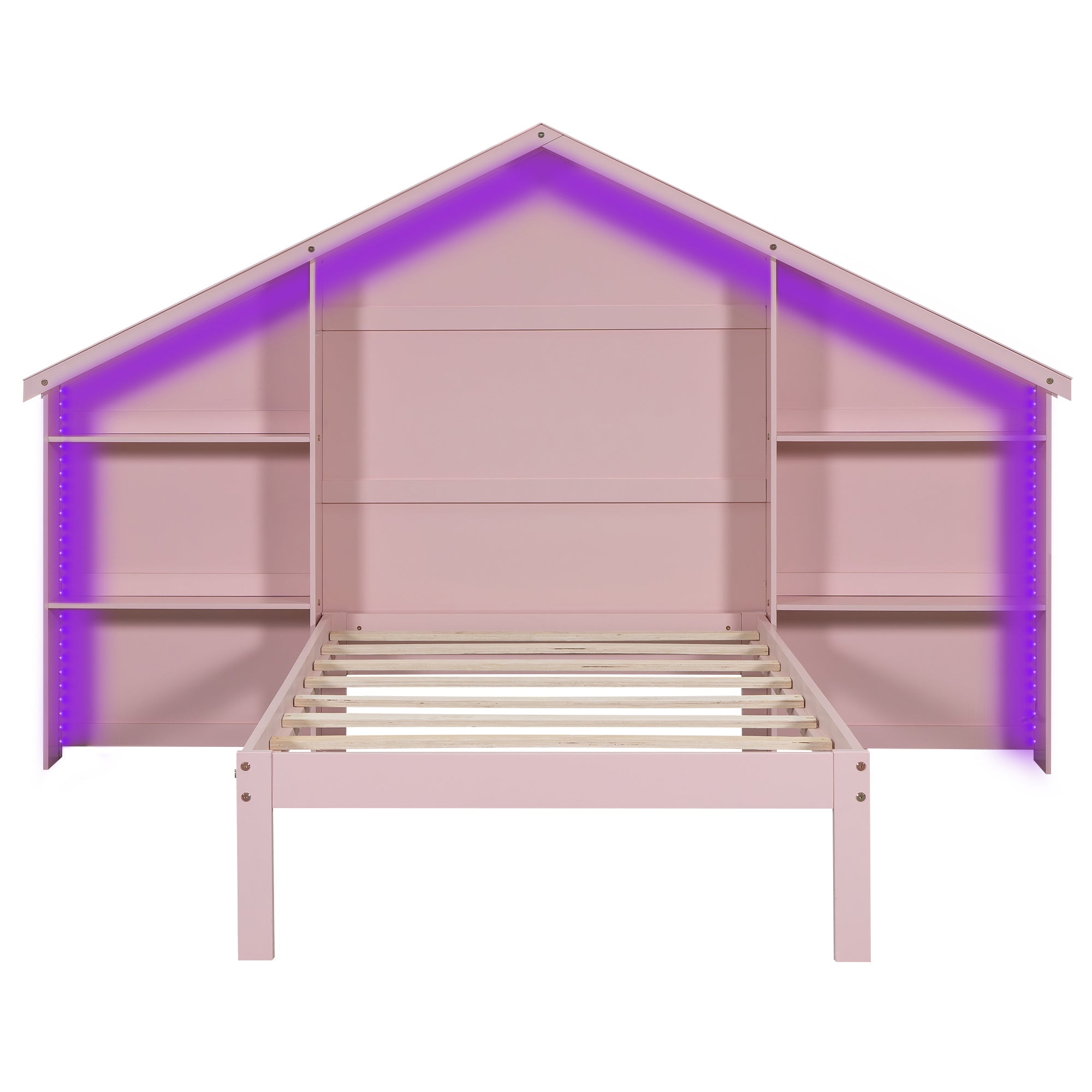 Wood Twin Size Platform Bed with House-shaped Storage Headboard and Built-in LED, Pink - Atlantic Fine Furniture Melbourne FL