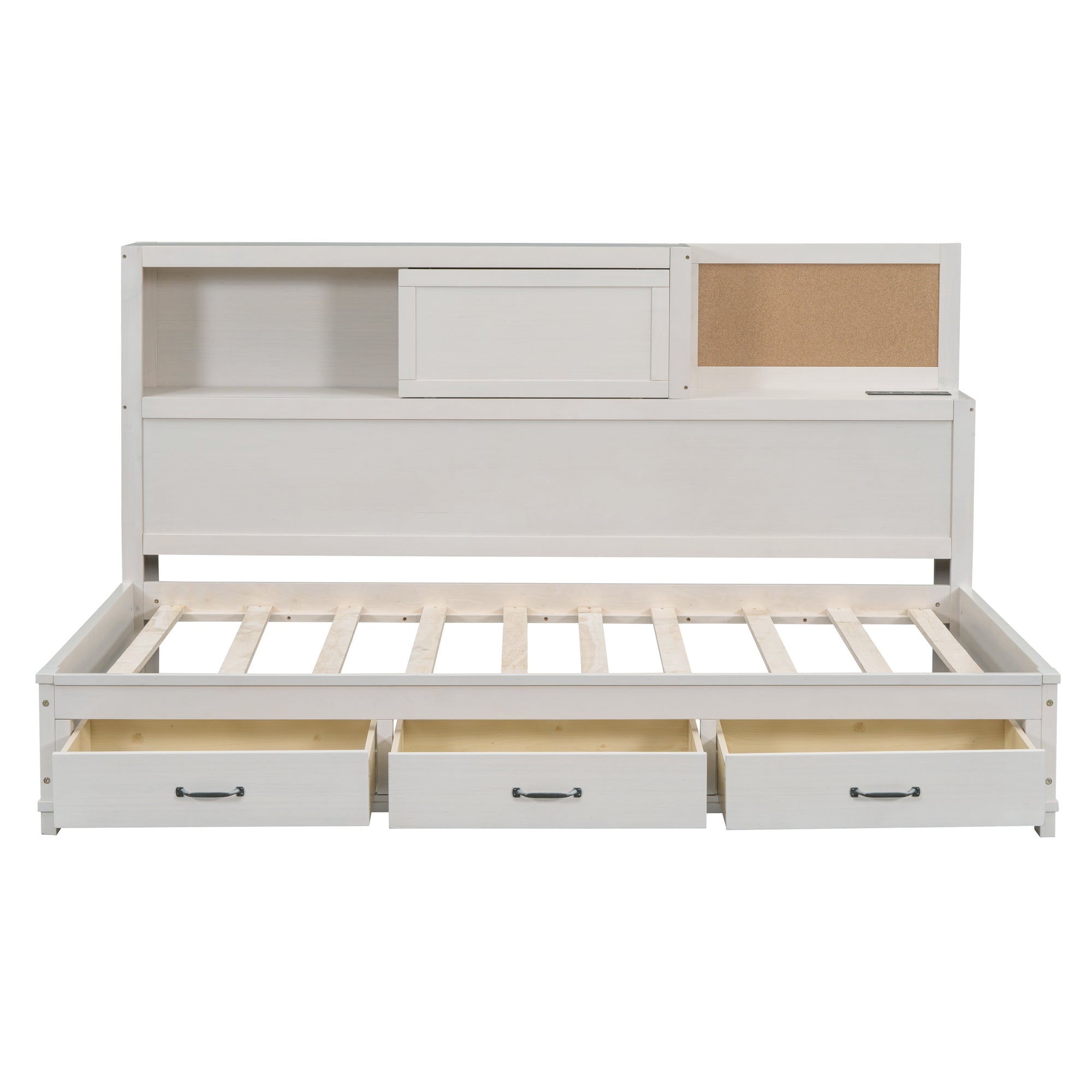 Twin Size Wooden Daybed with 3 Storage Drawers, Upper Soft Board, shelf, and a set of Sockets and USB Ports, White
