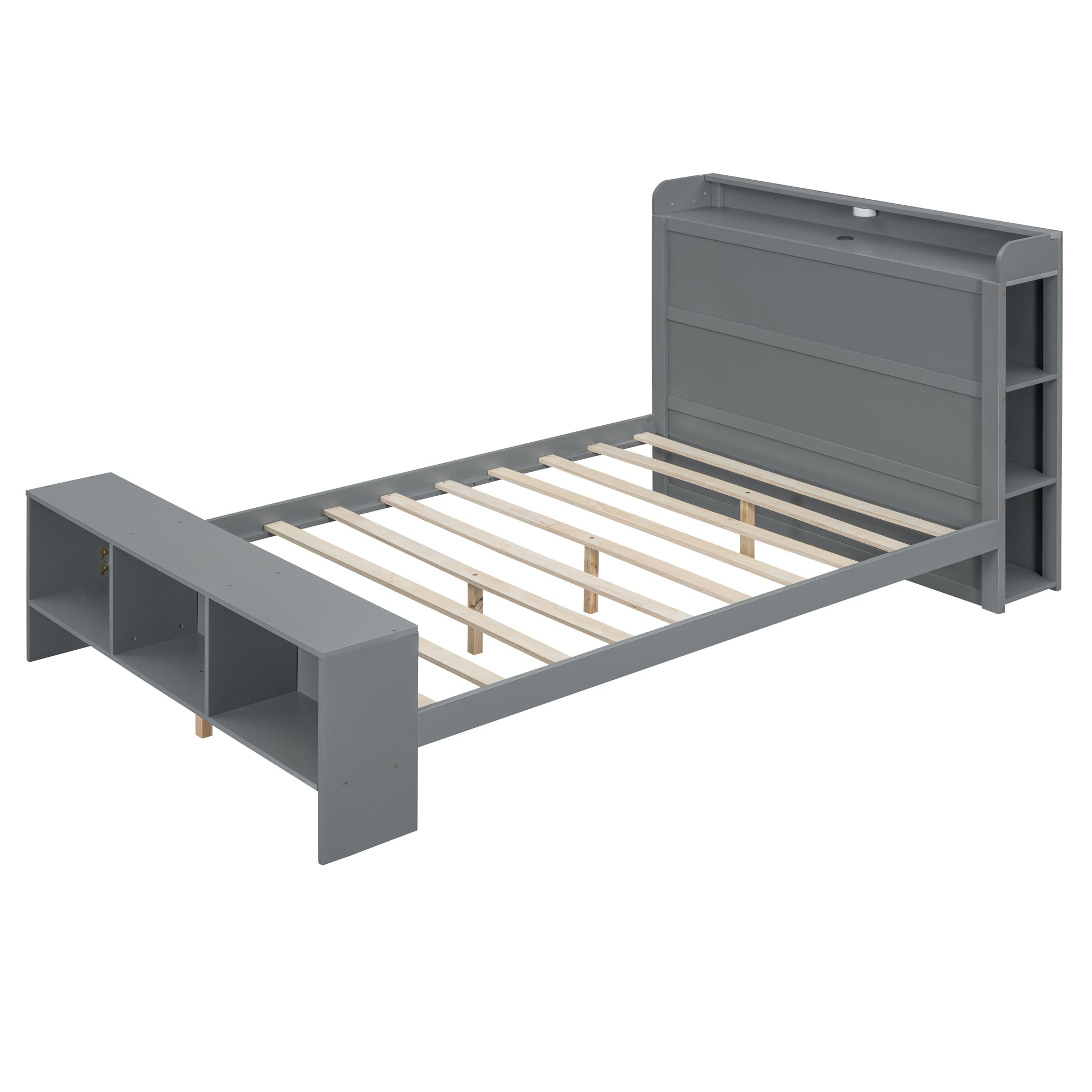 Full Size Platform Bed with built-in shelves, LED Light and USB ports, Gray - Atlantic Fine Furniture Melbourne FL