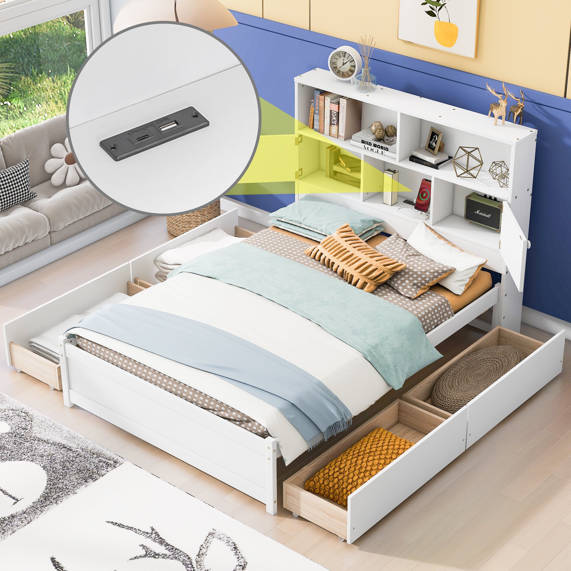 Full Size Platform Bed with Storage Headboard, Charging Station and 4 Drawers, White - Atlantic Fine Furniture Melbourne FL