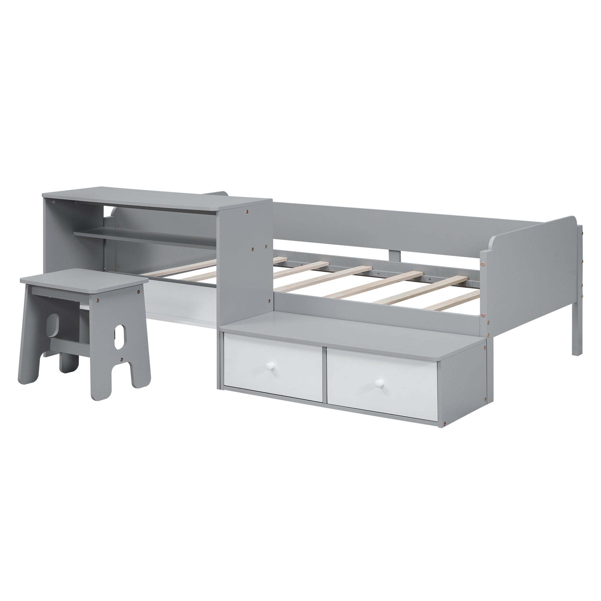 Wood Twin Size Platform Bed with 2 Drawers and 1 Chair&Desk Set, Gray+White - Atlantic Fine Furniture Melbourne FL