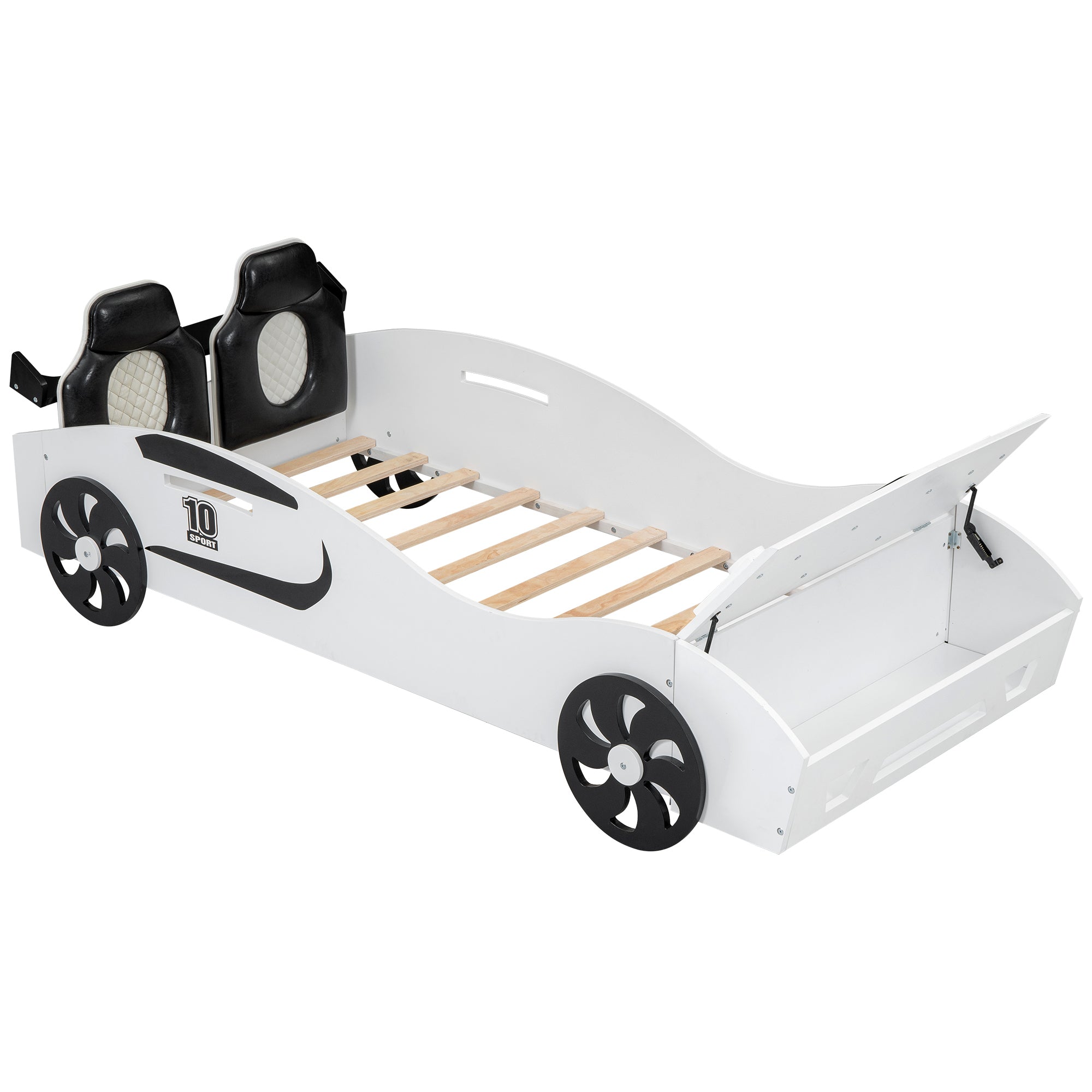 Twin Size Race Car-Shaped Platform Bed with Upholstered Backrest and Storage, White - Atlantic Fine Furniture Melbourne FL
