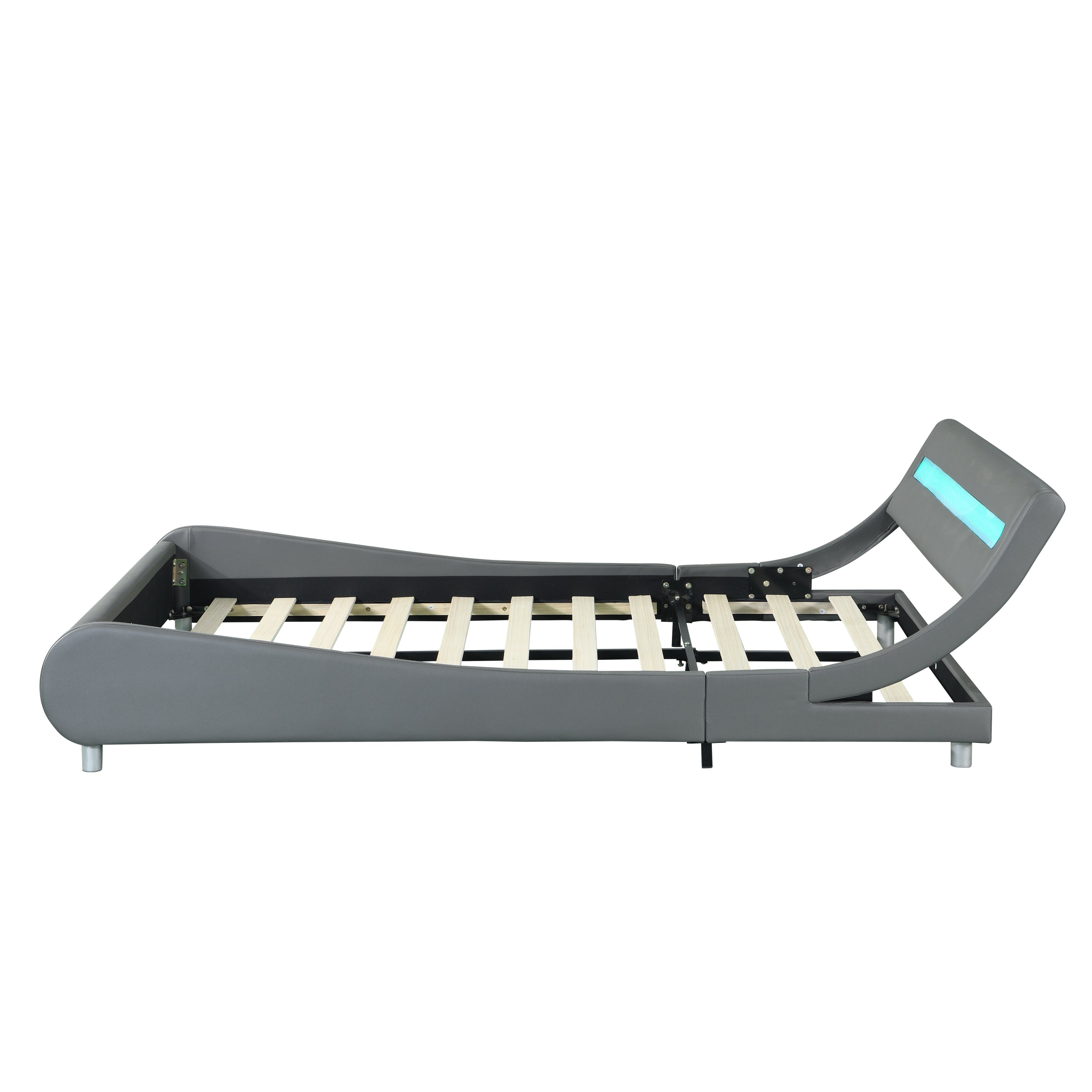 Faux Leather Upholstered Platform Bed Frame with led lighting , Curve Design, Wood Slat Support, No Box Spring Needed, Easy Assemble, Queen Size, Gray - Atlantic Fine Furniture Melbourne FL