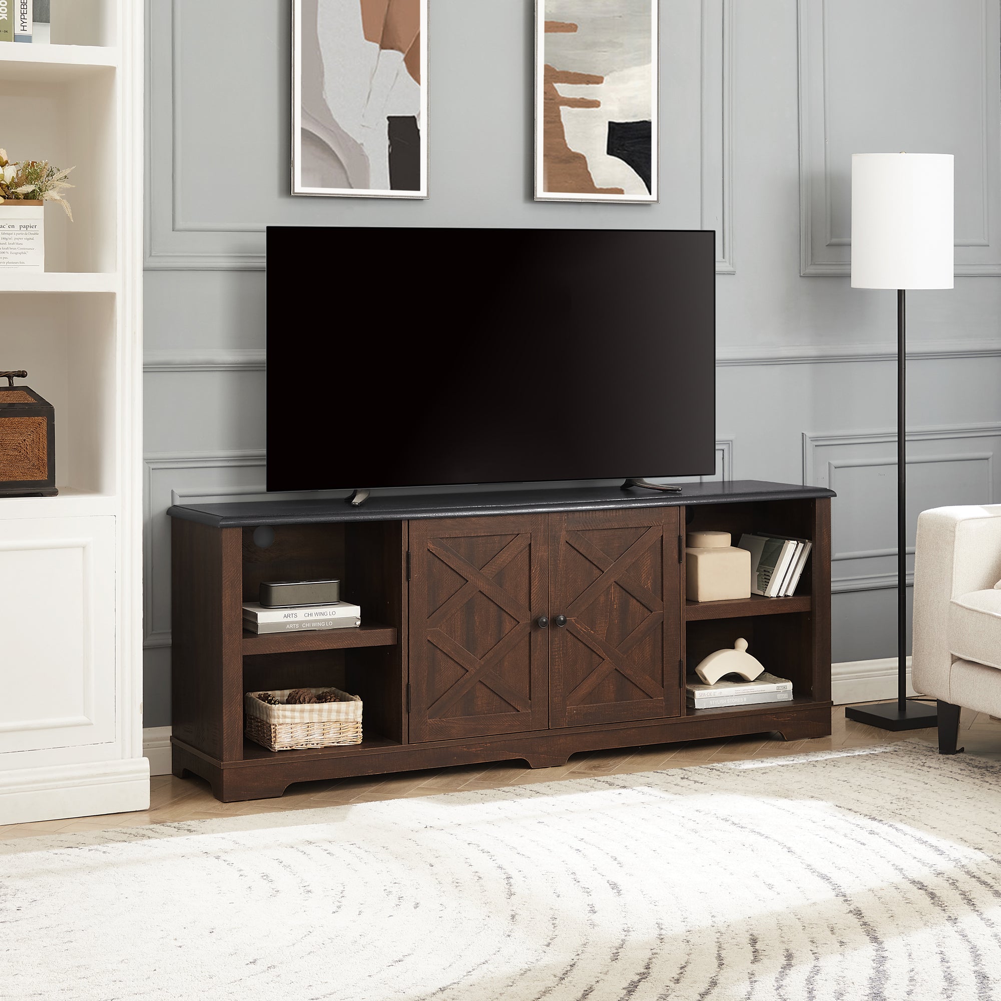 Modern Farmhouse TV Media Stand, Large Barn Inspired Home Entertainment Console, for TV Up to 80'', with Open Shelves and Closed Cabinets, Espresso and Black, 70"W*15.55"D*26.89"H
