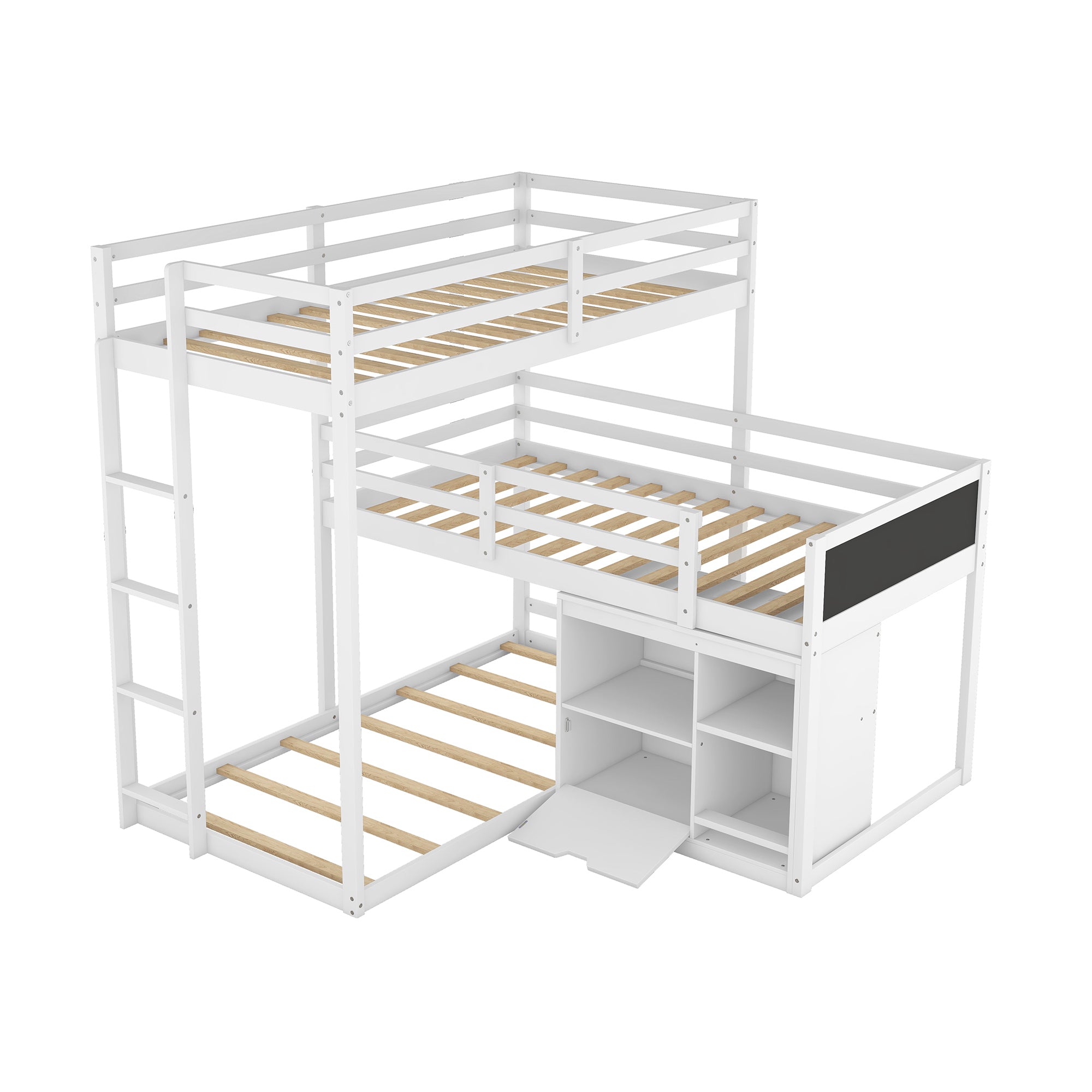 L-shaped Wood Triple Twin Size Bunk Bed with Storage Cabinet and Blackboard, Ladder, White