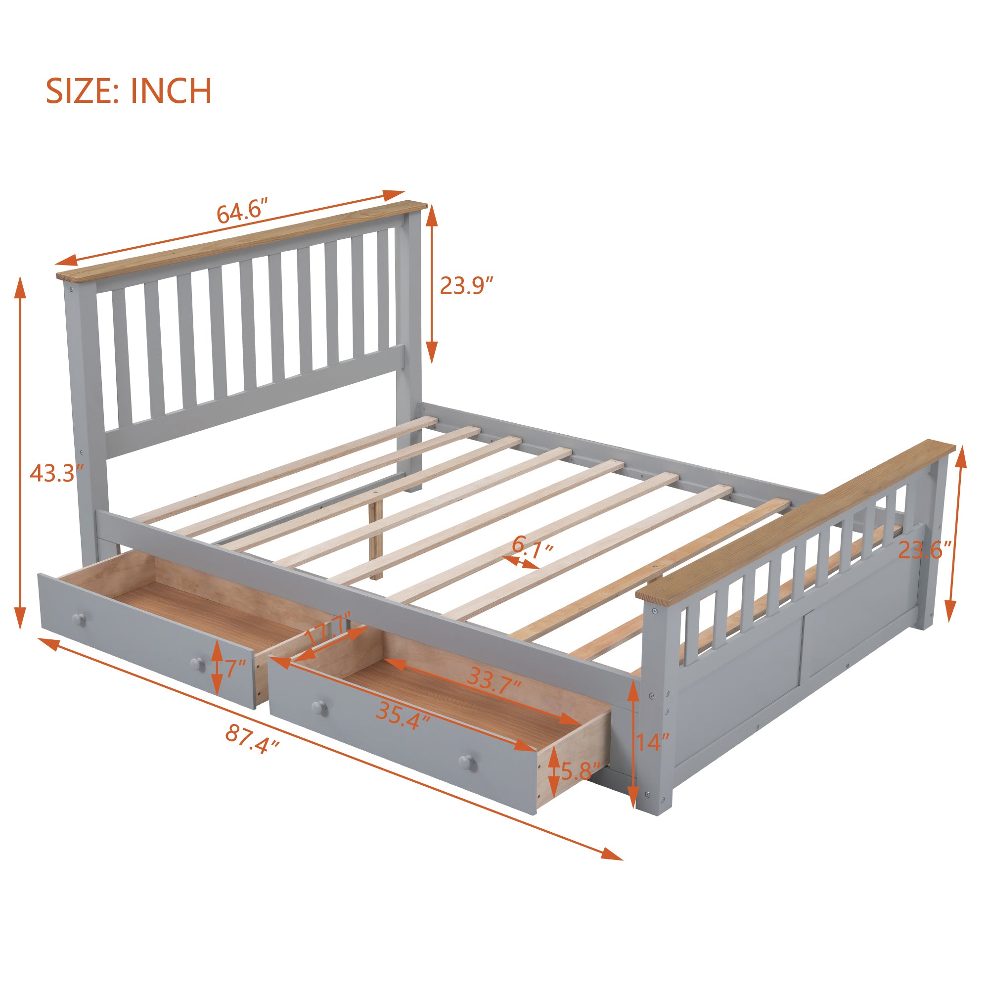 Queen Size Wood Platform Bed with Two Drawers and Wooden Slat Support,Gray+Natrual - Atlantic Fine Furniture Melbourne FL