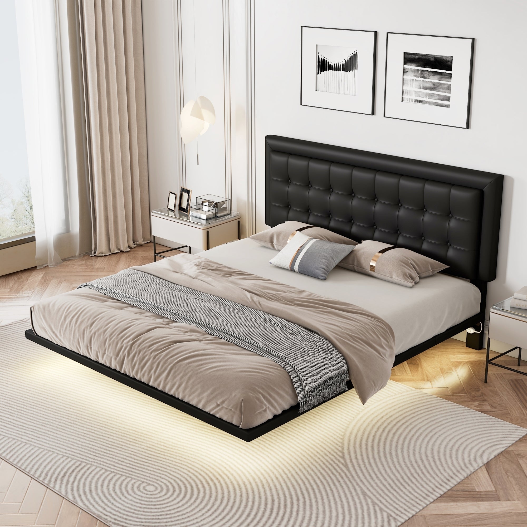 Queen Size Floating Bed Frame with Motion Activated Night Lights,Modern PU Upholstered Button Tufted Platform Bed Frame,Black - Atlantic Fine Furniture Melbourne FL